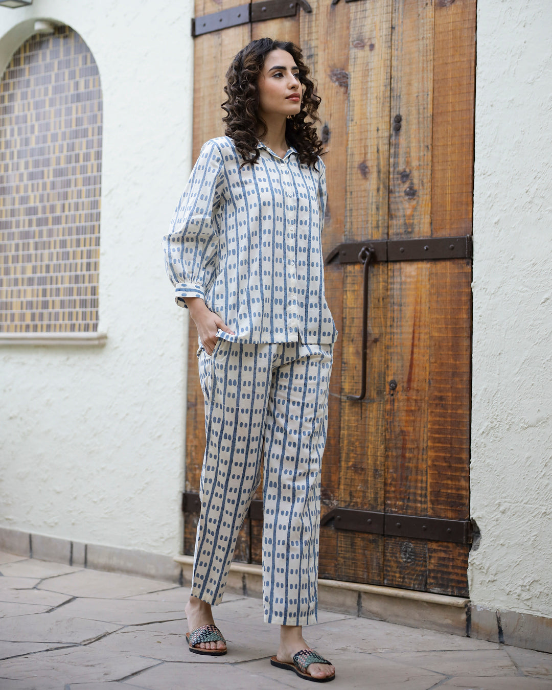 Blue Dotted Row Cotton Night Suit