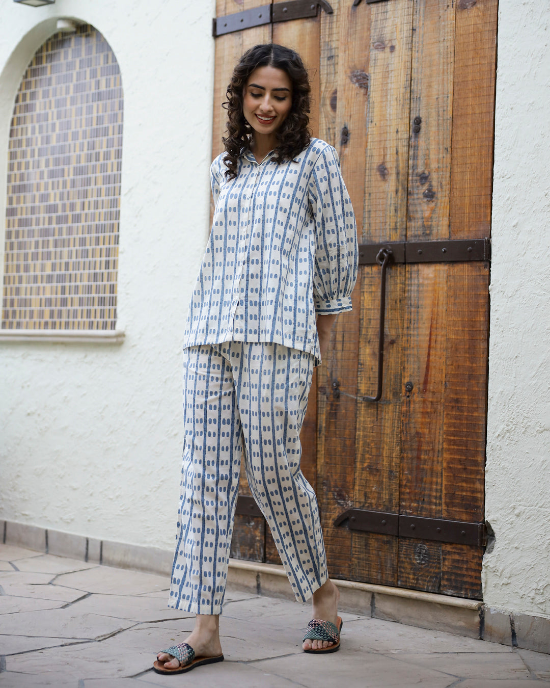 Blue Dotted Row Cotton Night Suit