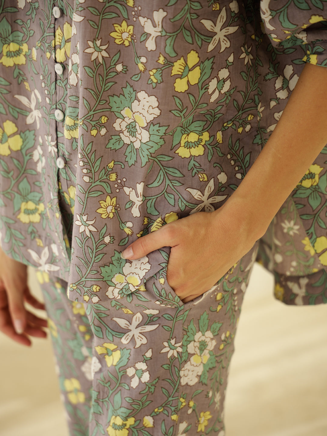 Grey V-Neck Cotton Co-Ords Set