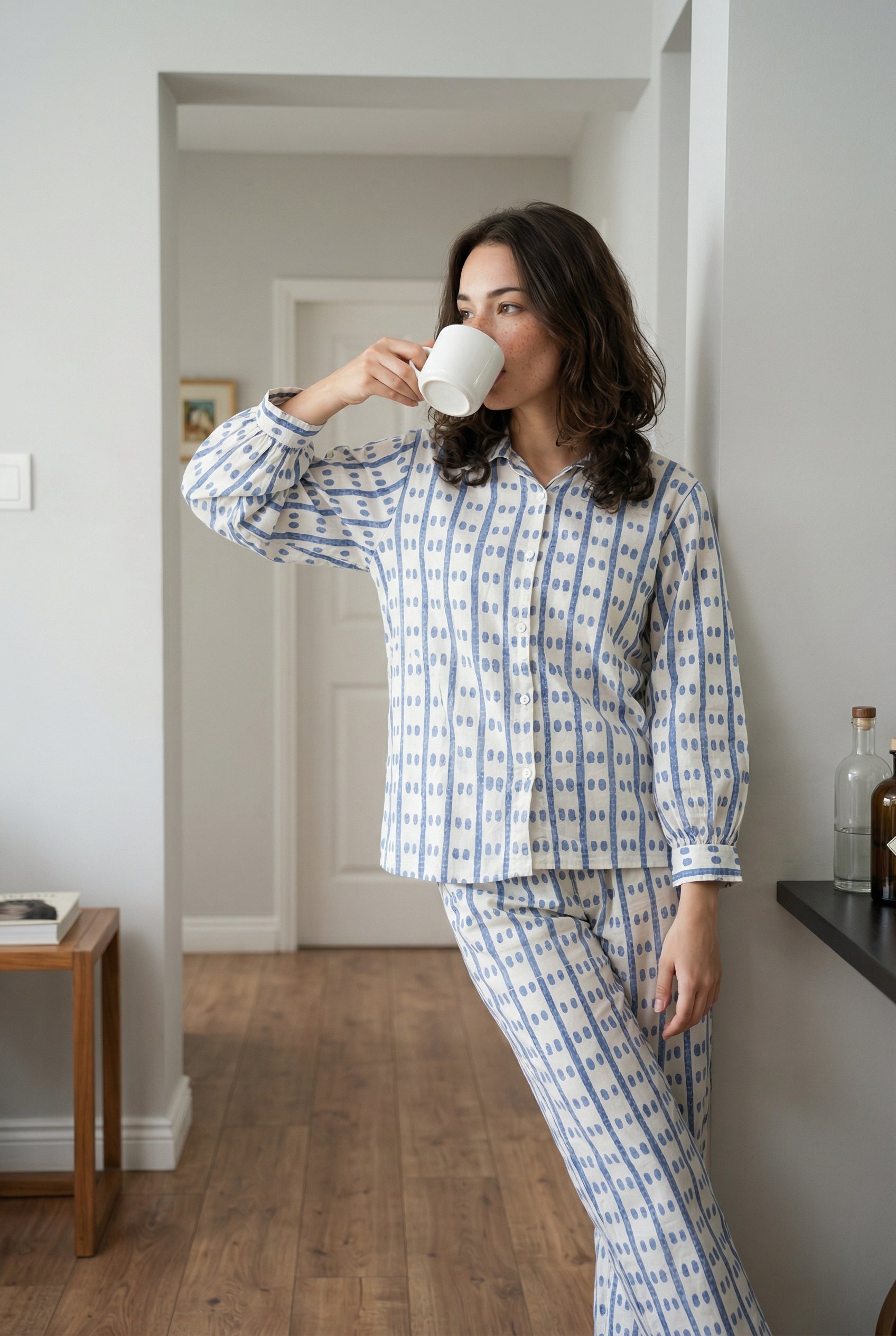 Grey Geometric Print Shirt Collar Pure Cotton Night Suit For Women