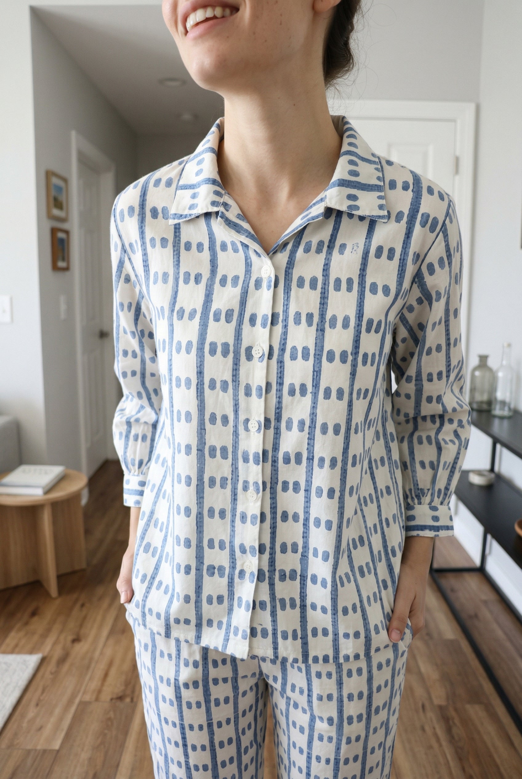 Grey Geometric Print Shirt Collar Pure Cotton Night Suit For Women
