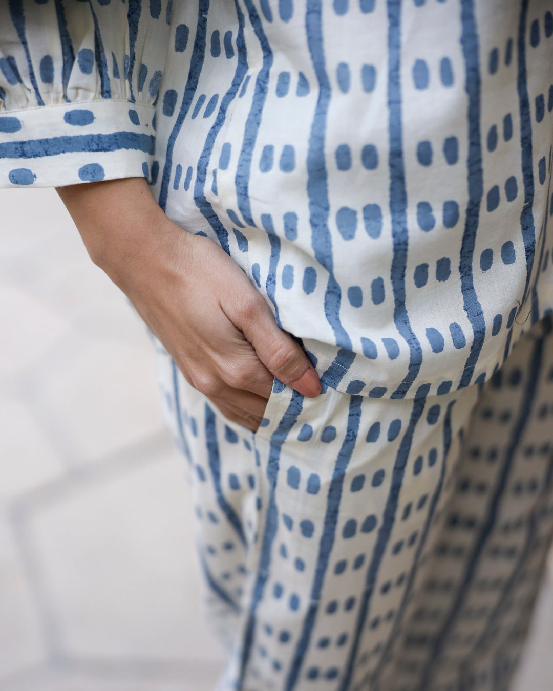 Blue Dotted Row Cotton Night Suit