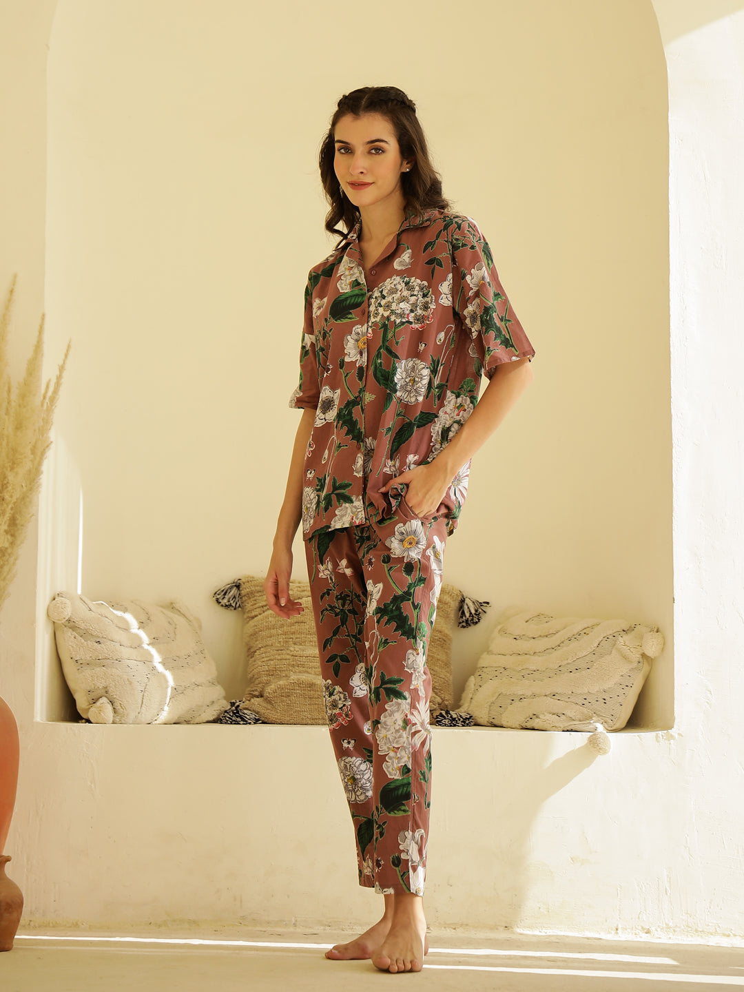Brown Floral Printed Cotton Night Suit