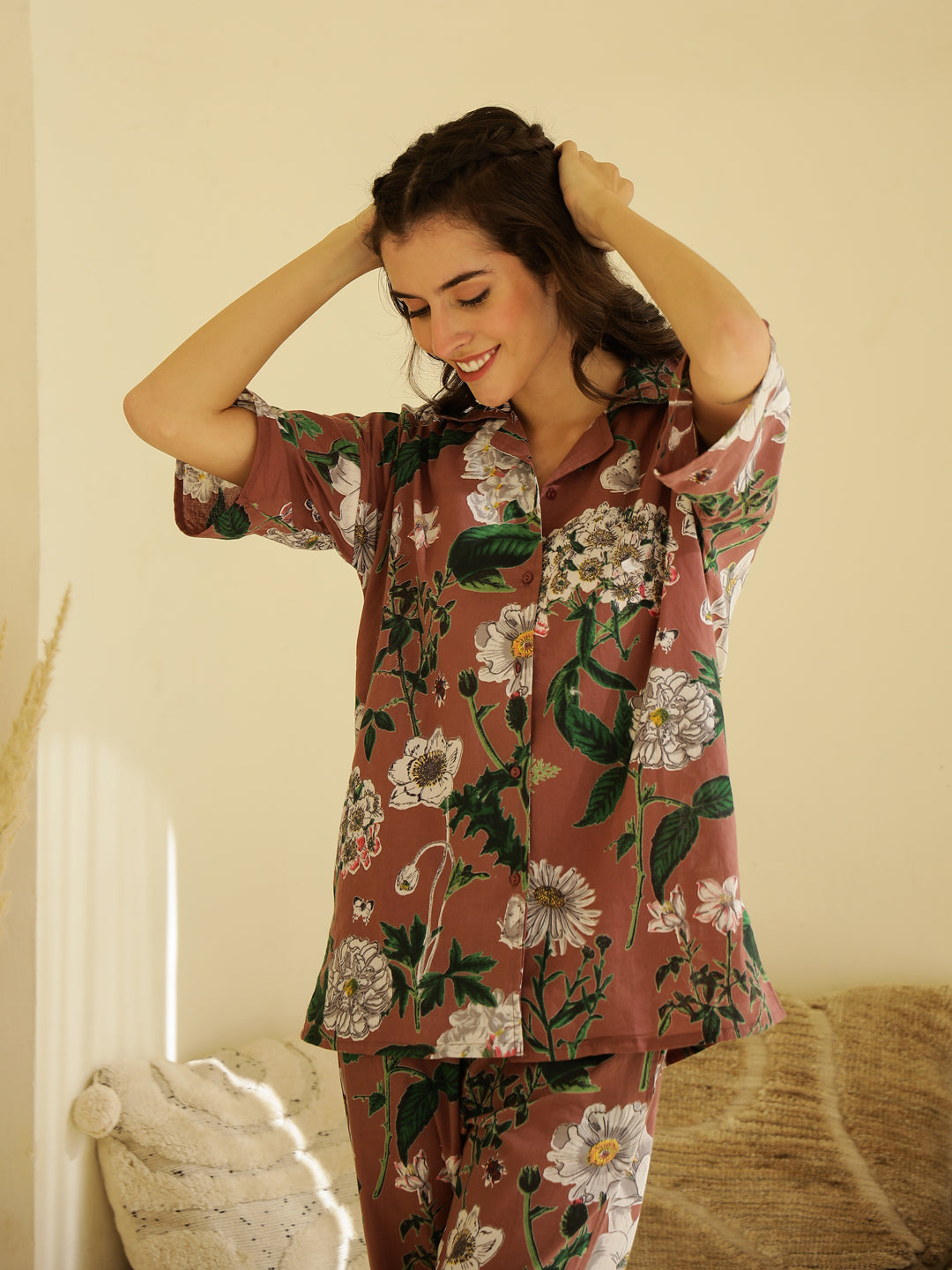 Brown Floral Printed Cotton Night Suit