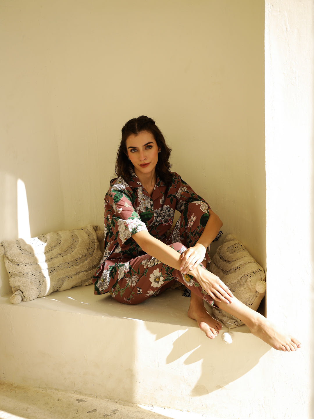 Brown Floral Printed Cotton Night Suit