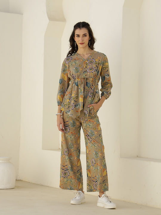 V-Neck Floral Printed Cotton Night Suit