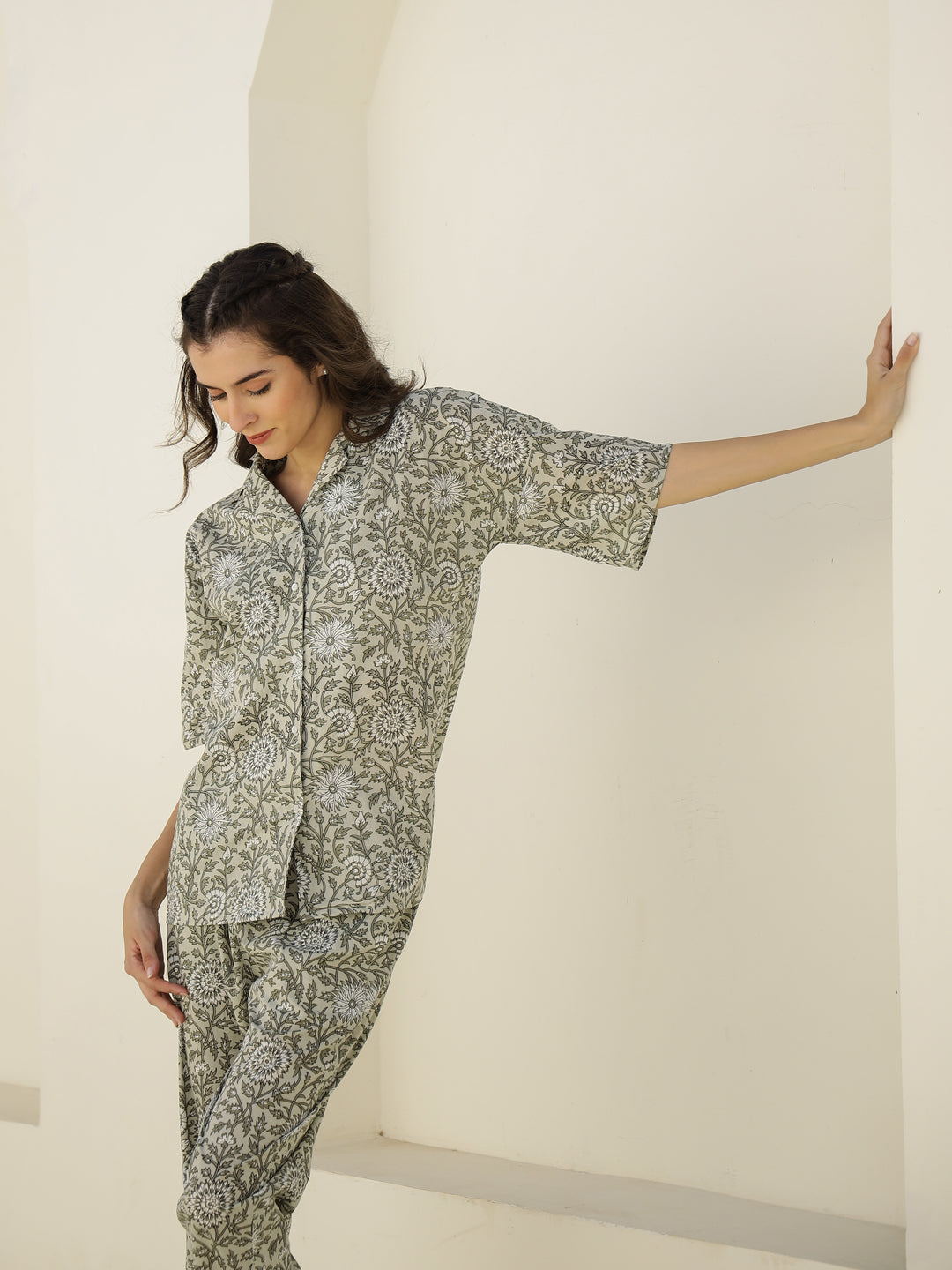 Cream Color Floral Printed Night Suit - SanskrutiHomes 