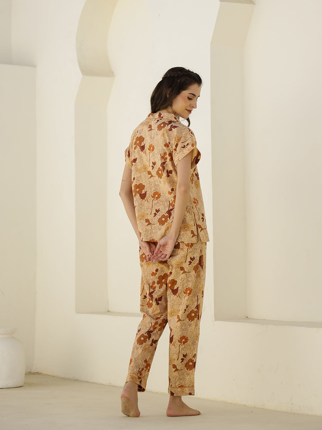 Brown Floral Printed Cotton Night Suit for Women - SanskrutiHomes 