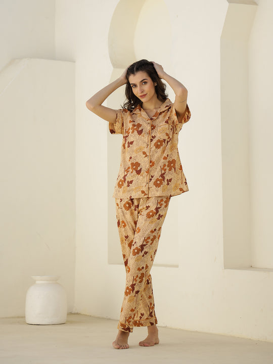Brown Floral Printed Cotton Night Suit for Women
