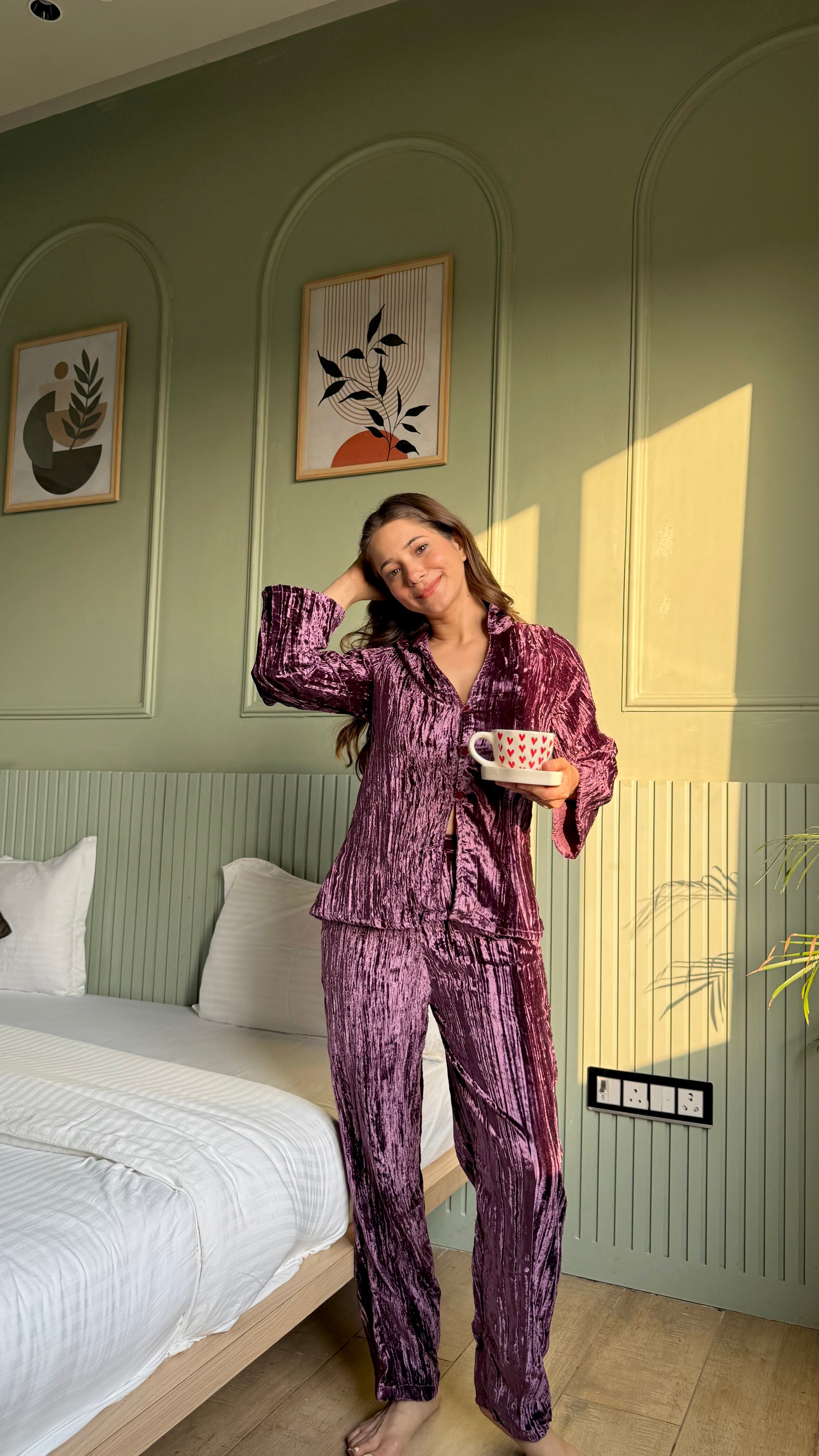 Purple Color Shirt Collar Velvet Night Set for Women