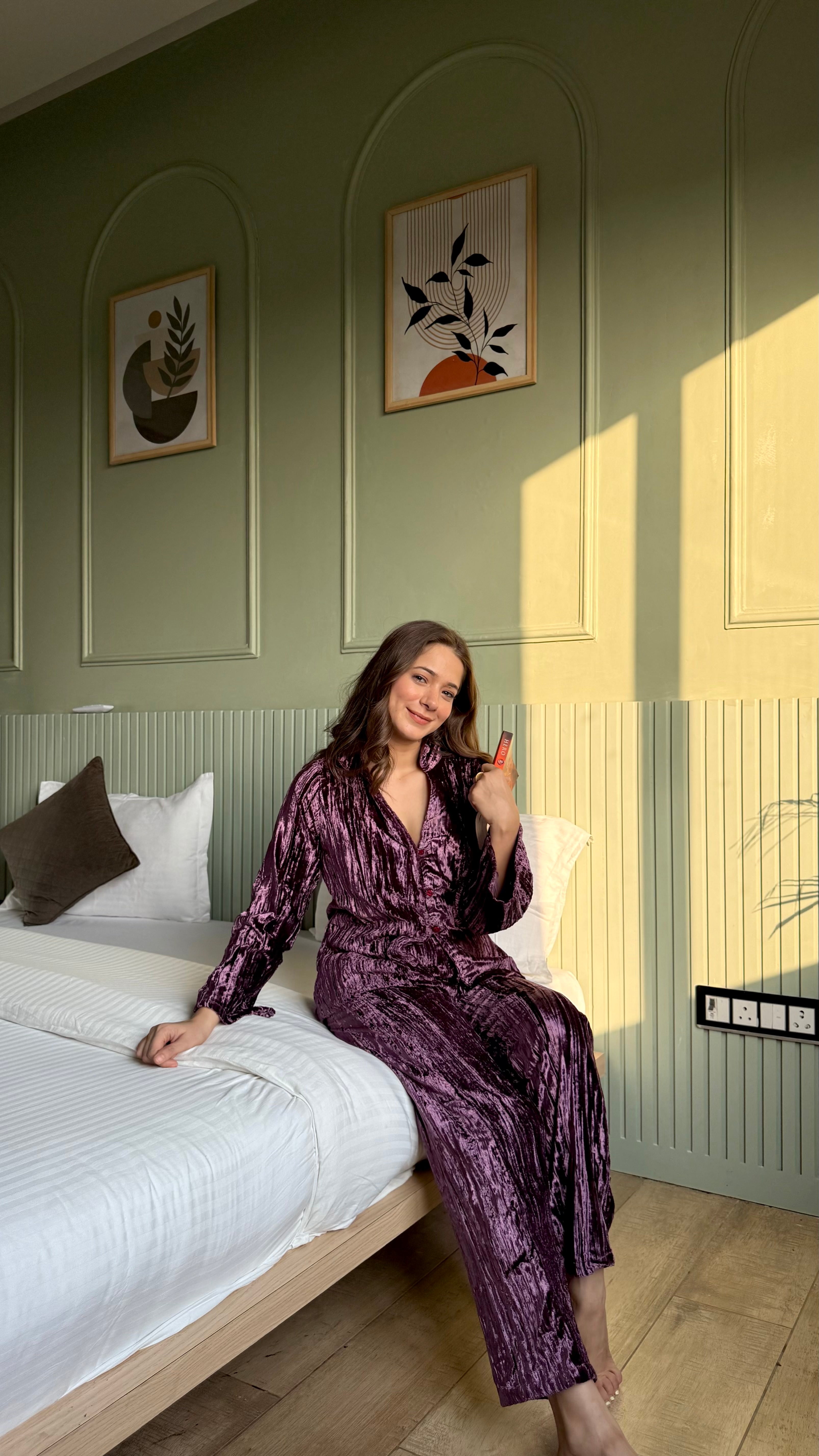 Purple Color Shirt Collar Velvet Night Set for Women