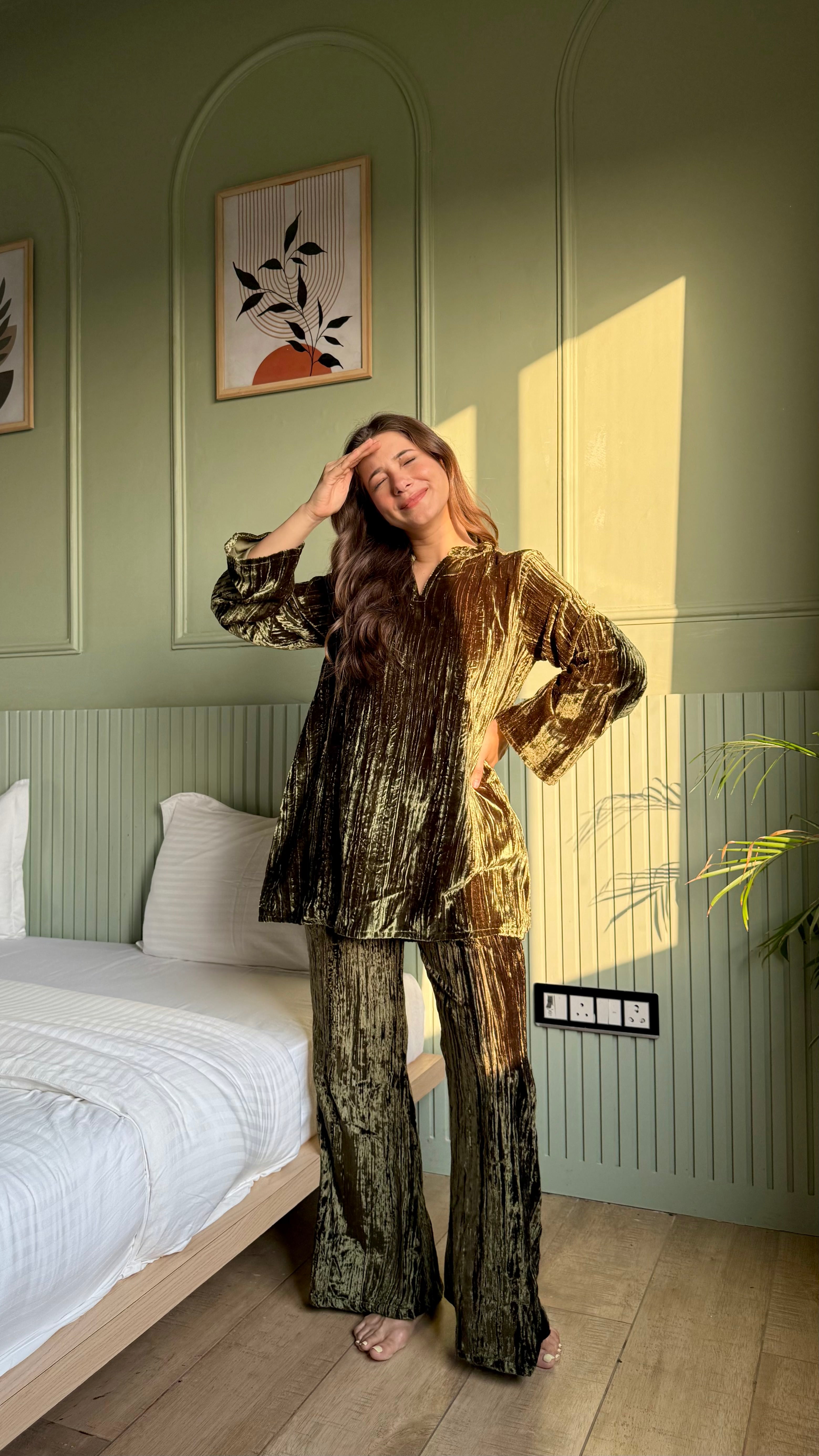 Olive Color V-Neck Night Suit Set for Women