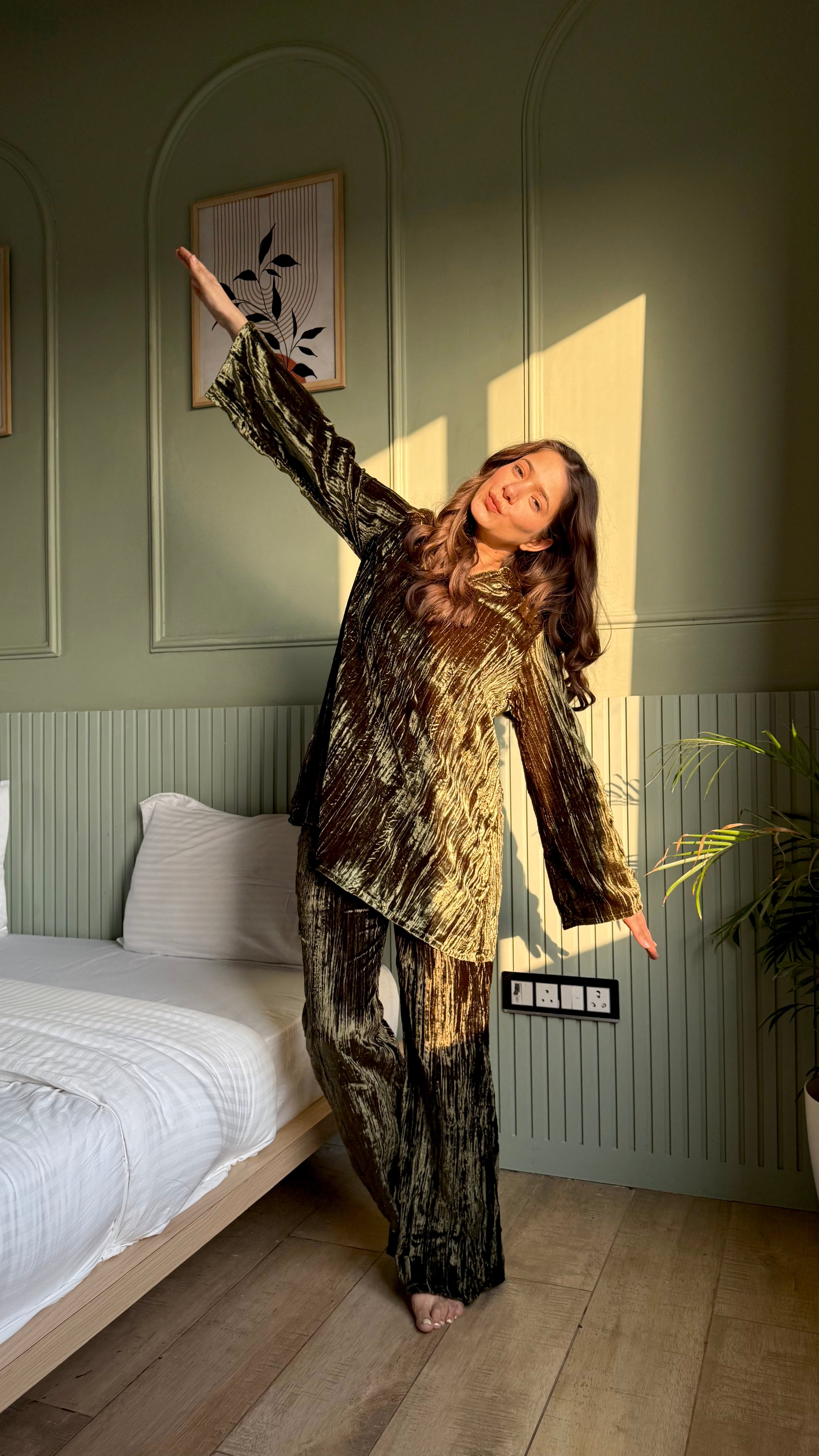 Olive Color V-Neck Night Suit Set for Women