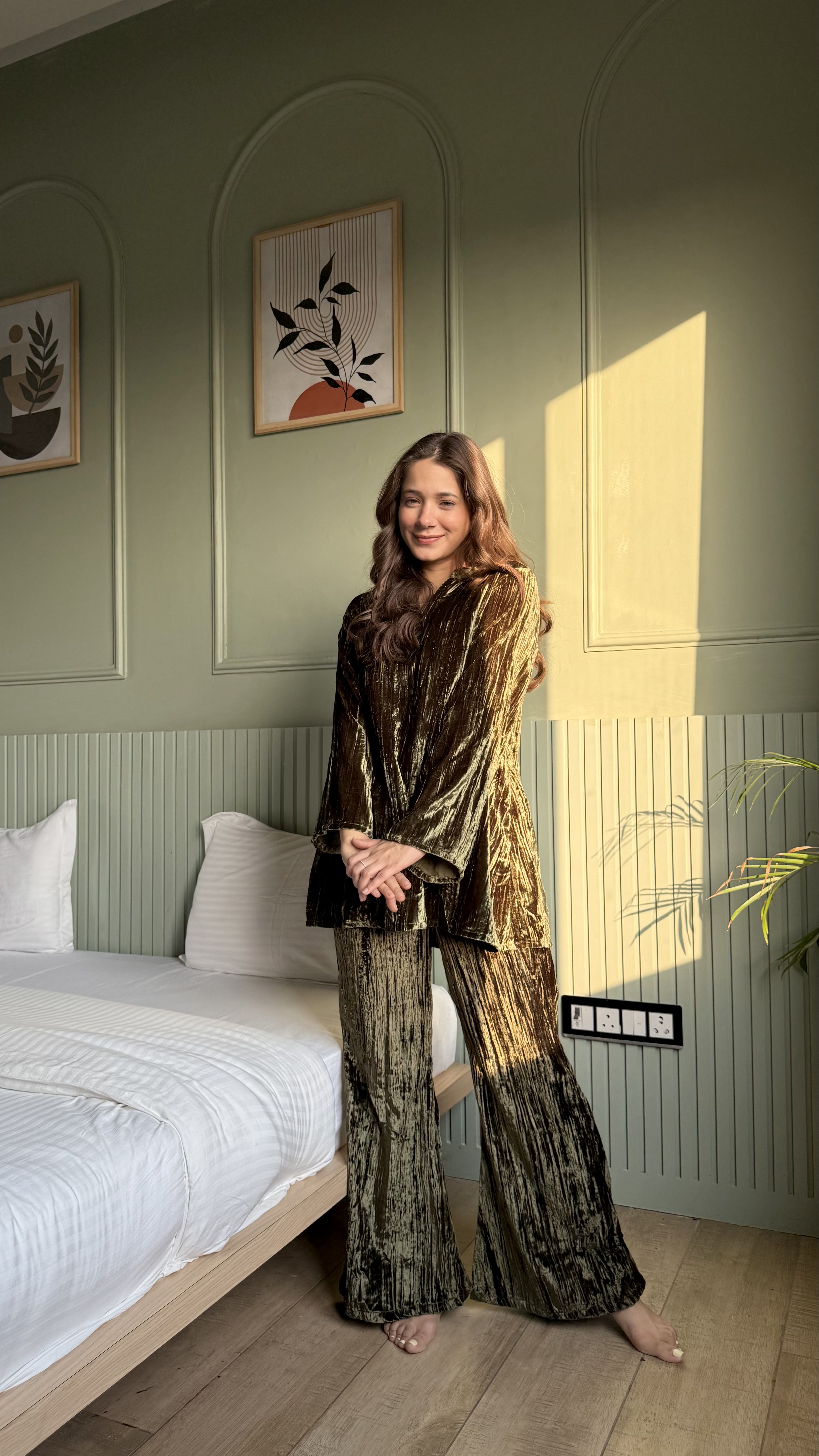 Olive Color V-Neck Night Suit Set for Women