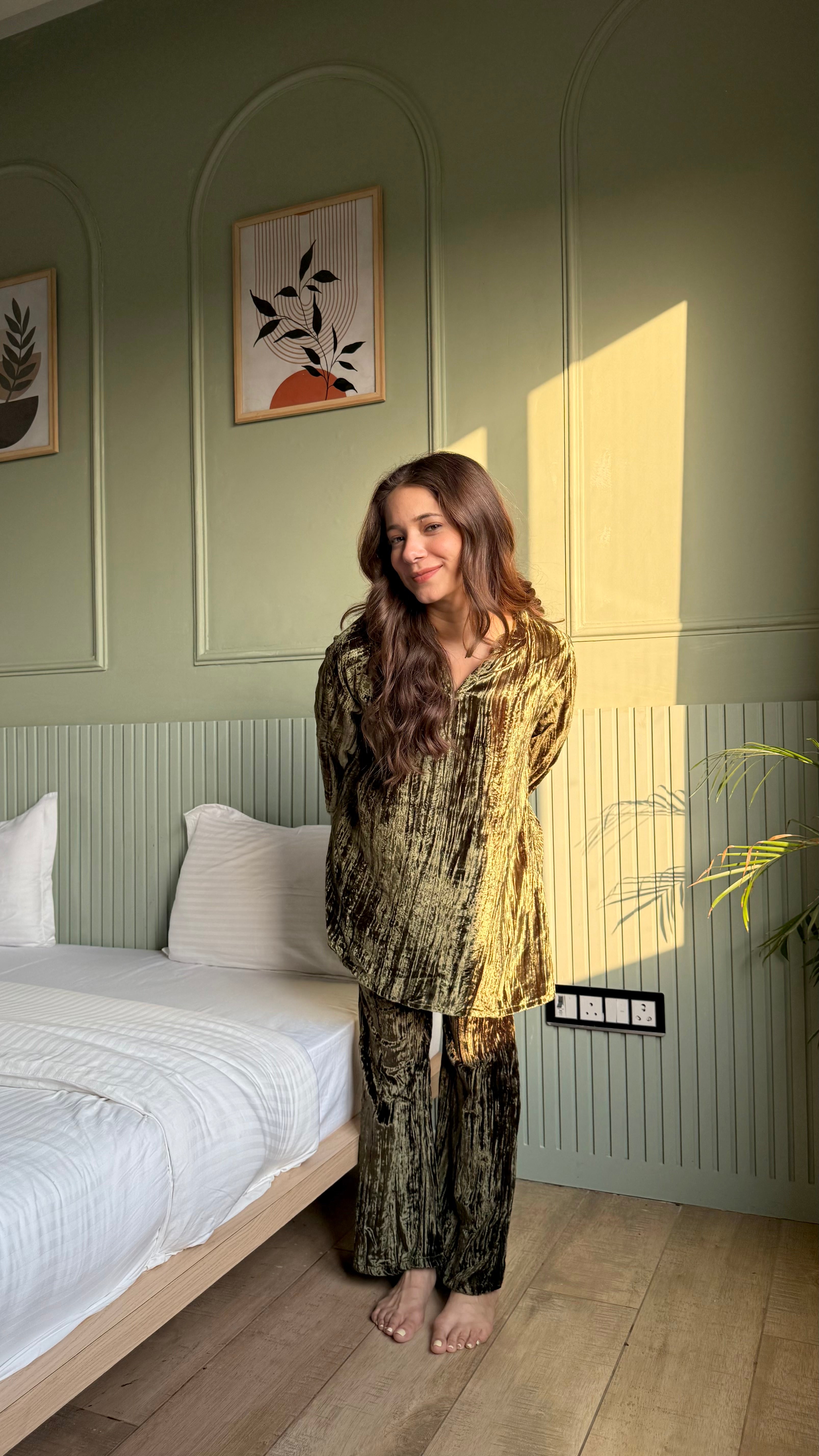 Olive Color V-Neck Night Suit Set for Women