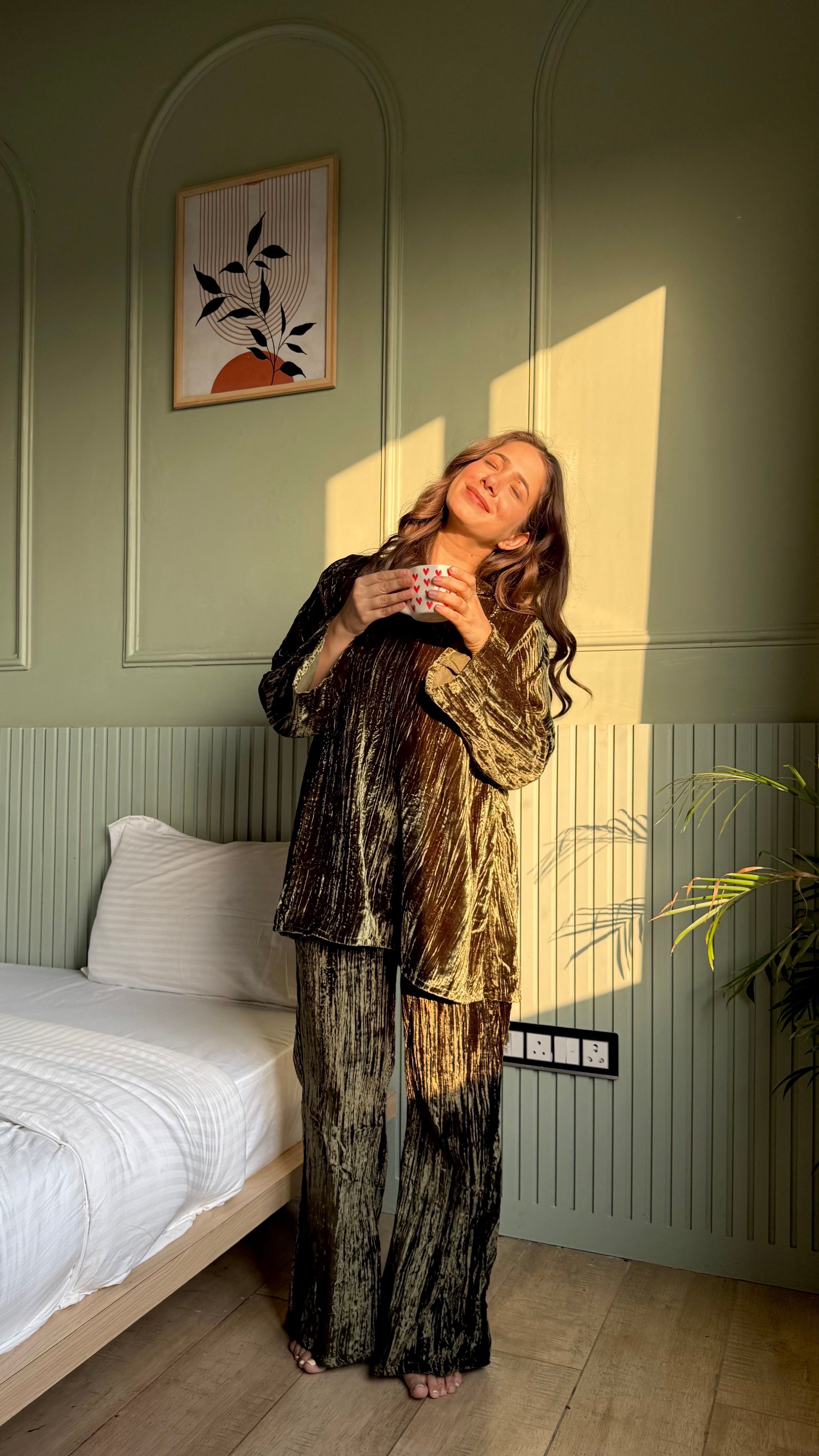 Olive Color V-Neck Night Suit Set for Women