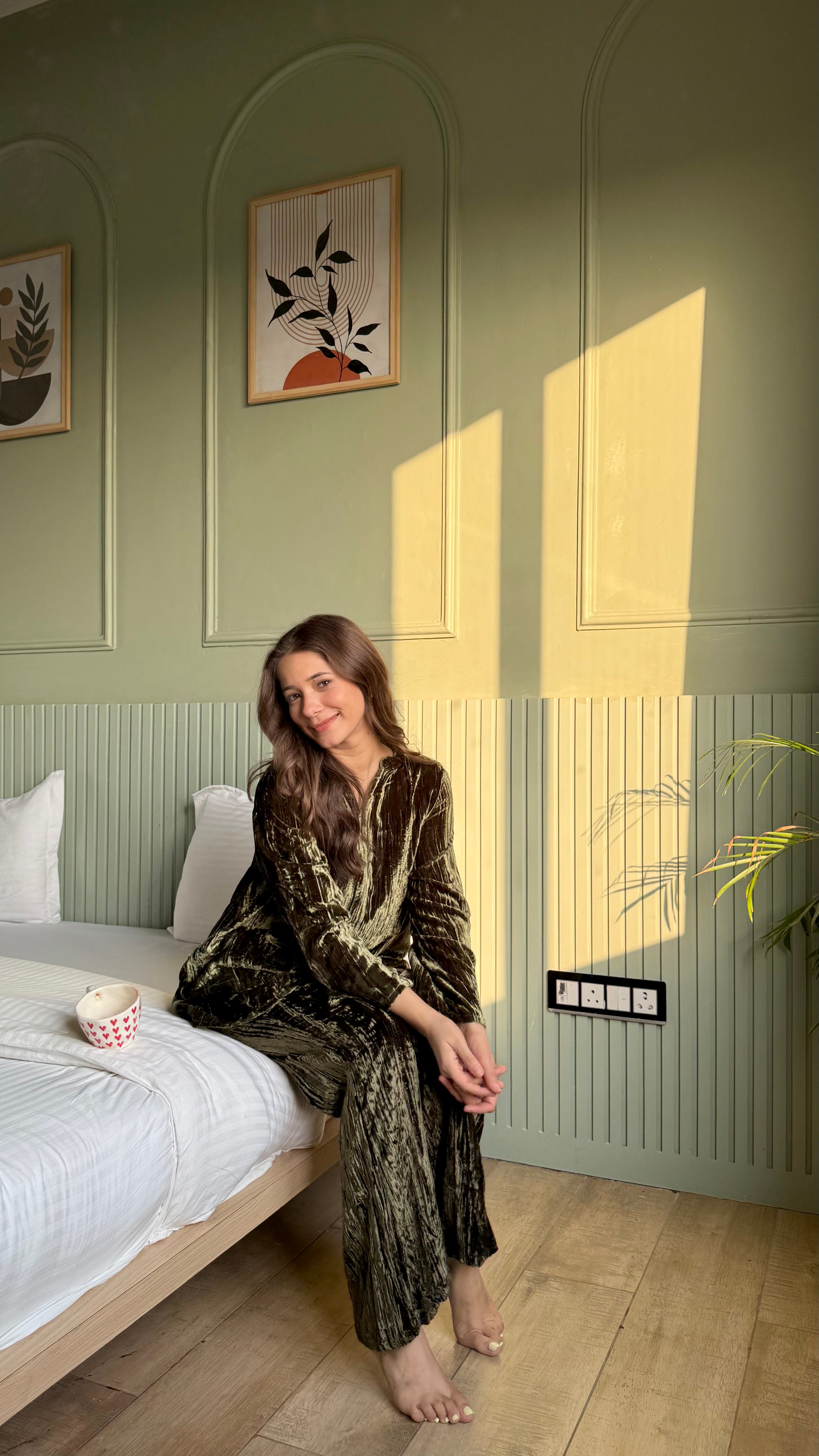 Olive Color V-Neck Night Suit Set for Women