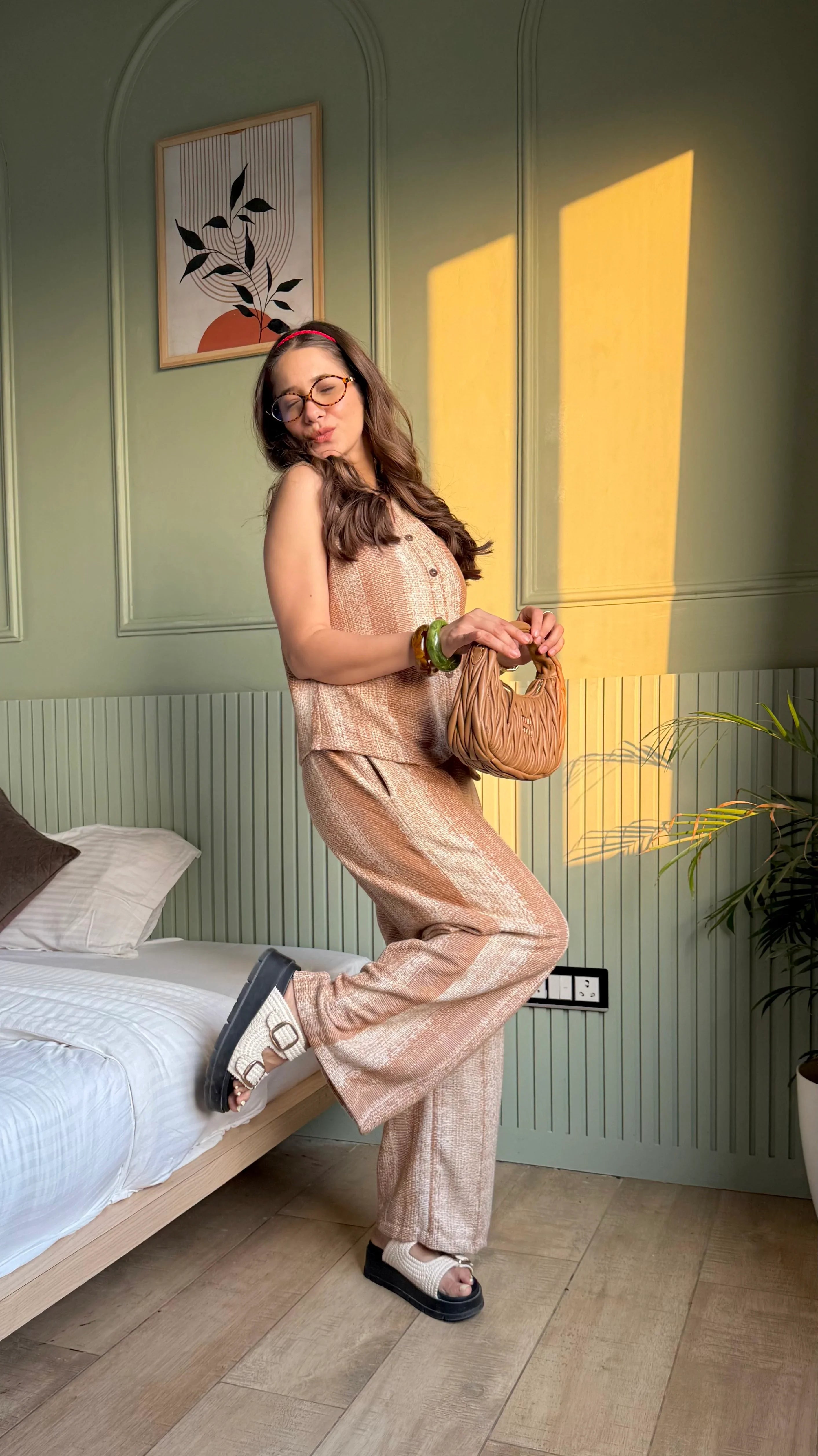 Brown V-Neck Striped Co-ords Set for Women - SanskrutiHomes 