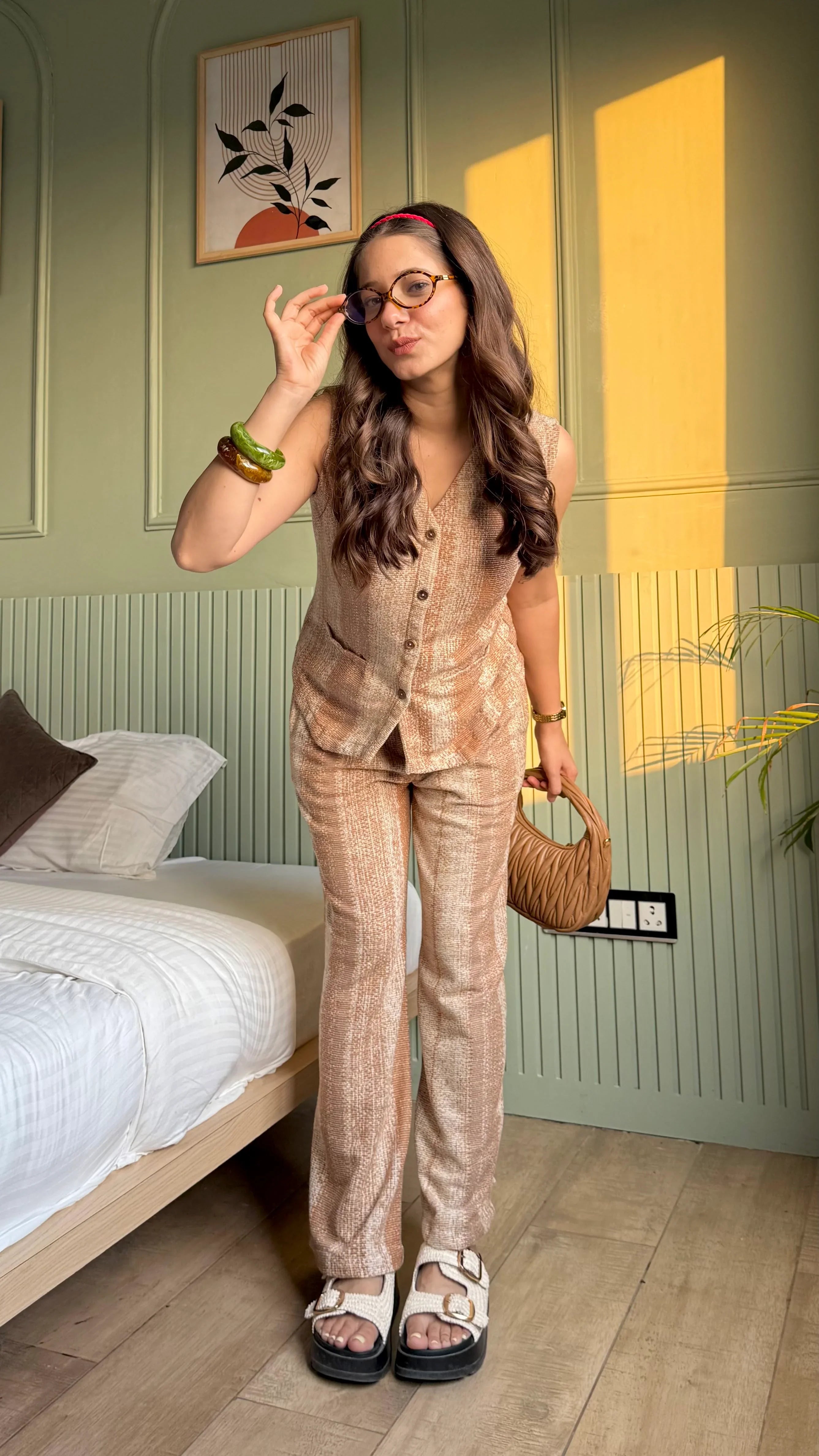 Brown V-Neck Striped Co-ords Set for Women - SanskrutiHomes 