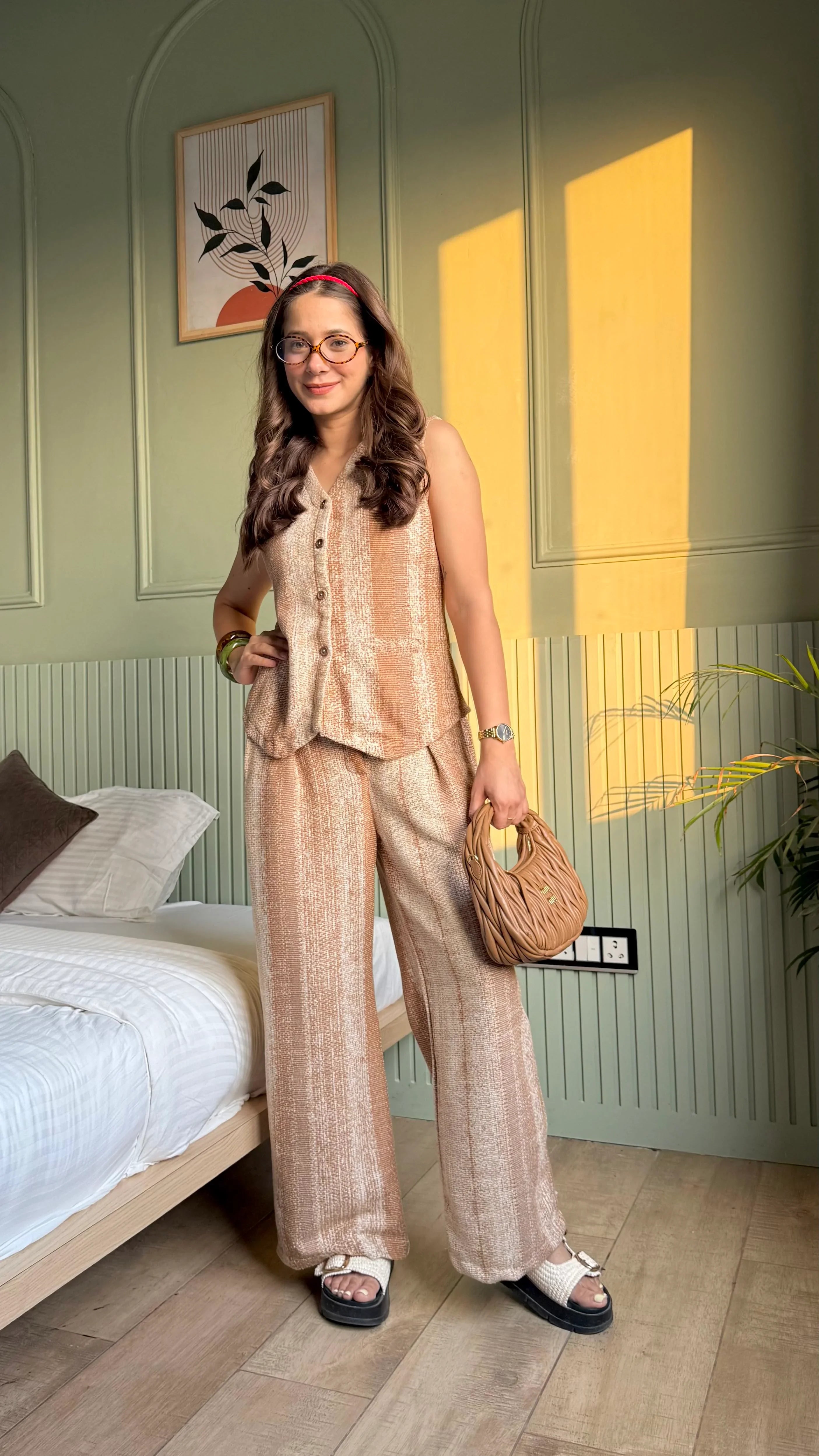 Brown V-Neck Striped Co-ords Set for Women - SanskrutiHomes 