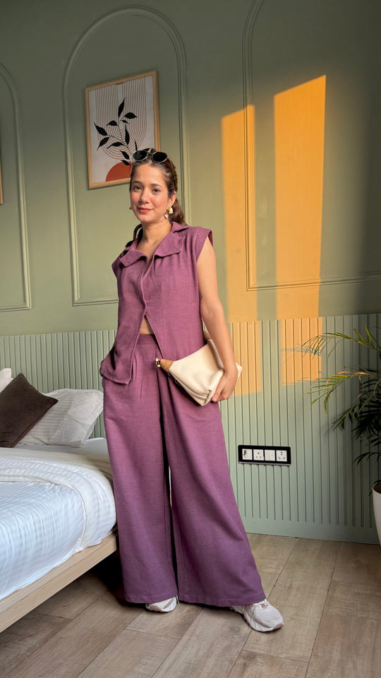 Magenta Shawl Neck Cotton Blend Solid Co-ords Set