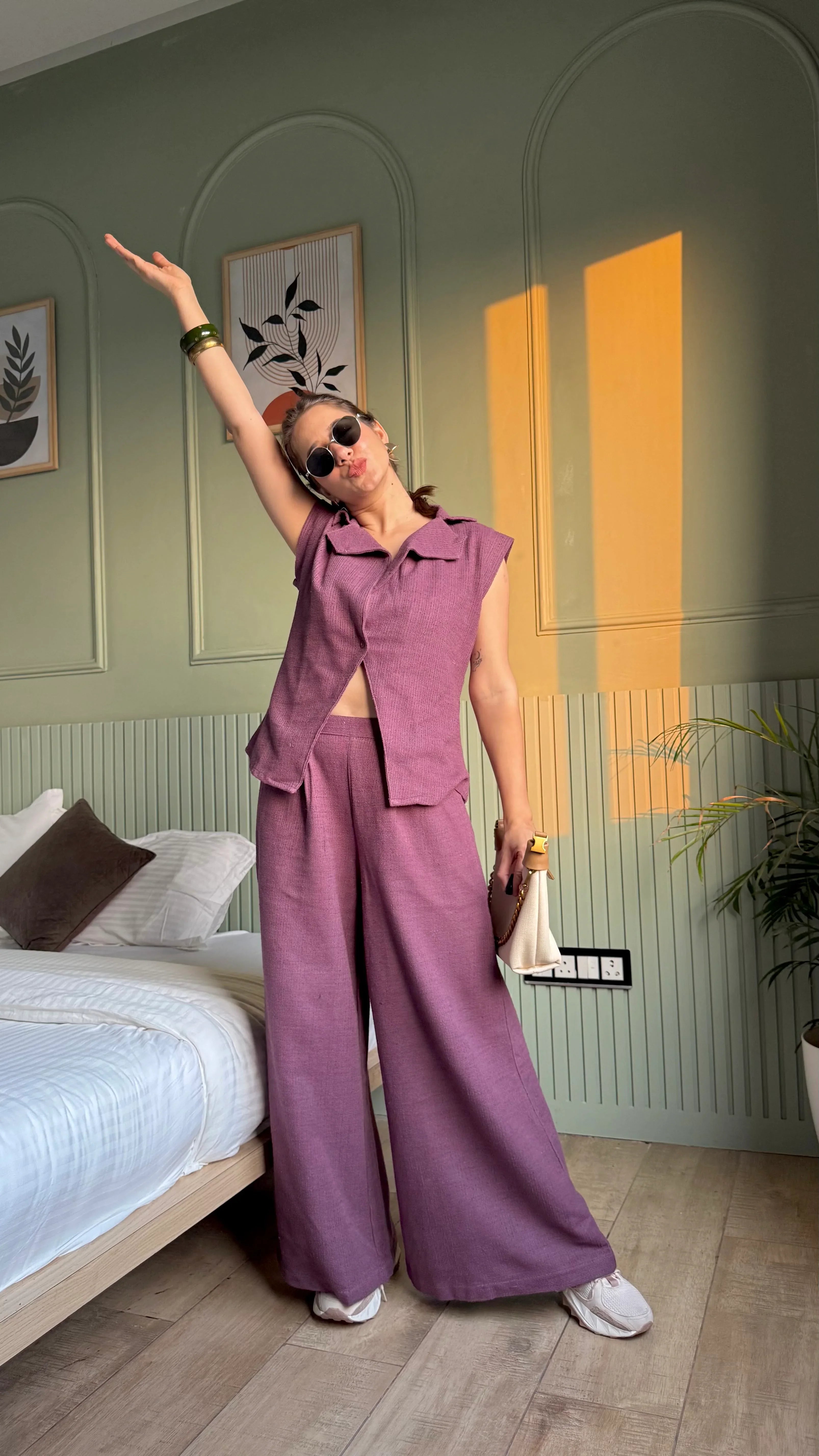 Magenta Shawl Neck Cotton Blend Solid Co-ords Set - SanskrutiHomes 