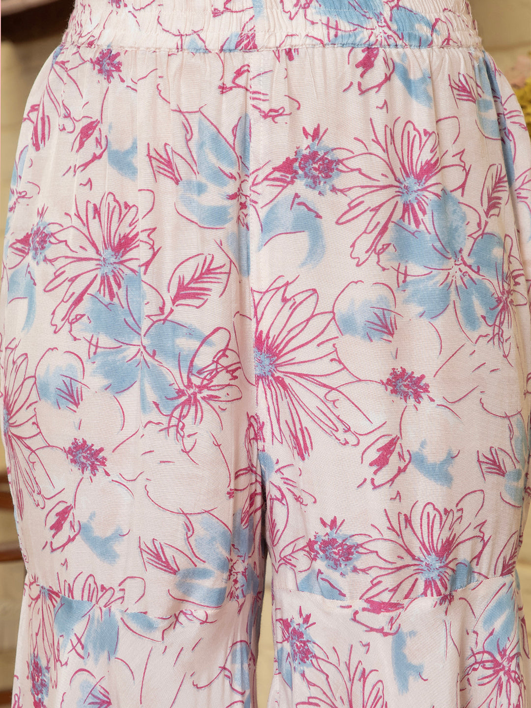 Cream & Pink Printed V-Neck Kurta Sets For Women
