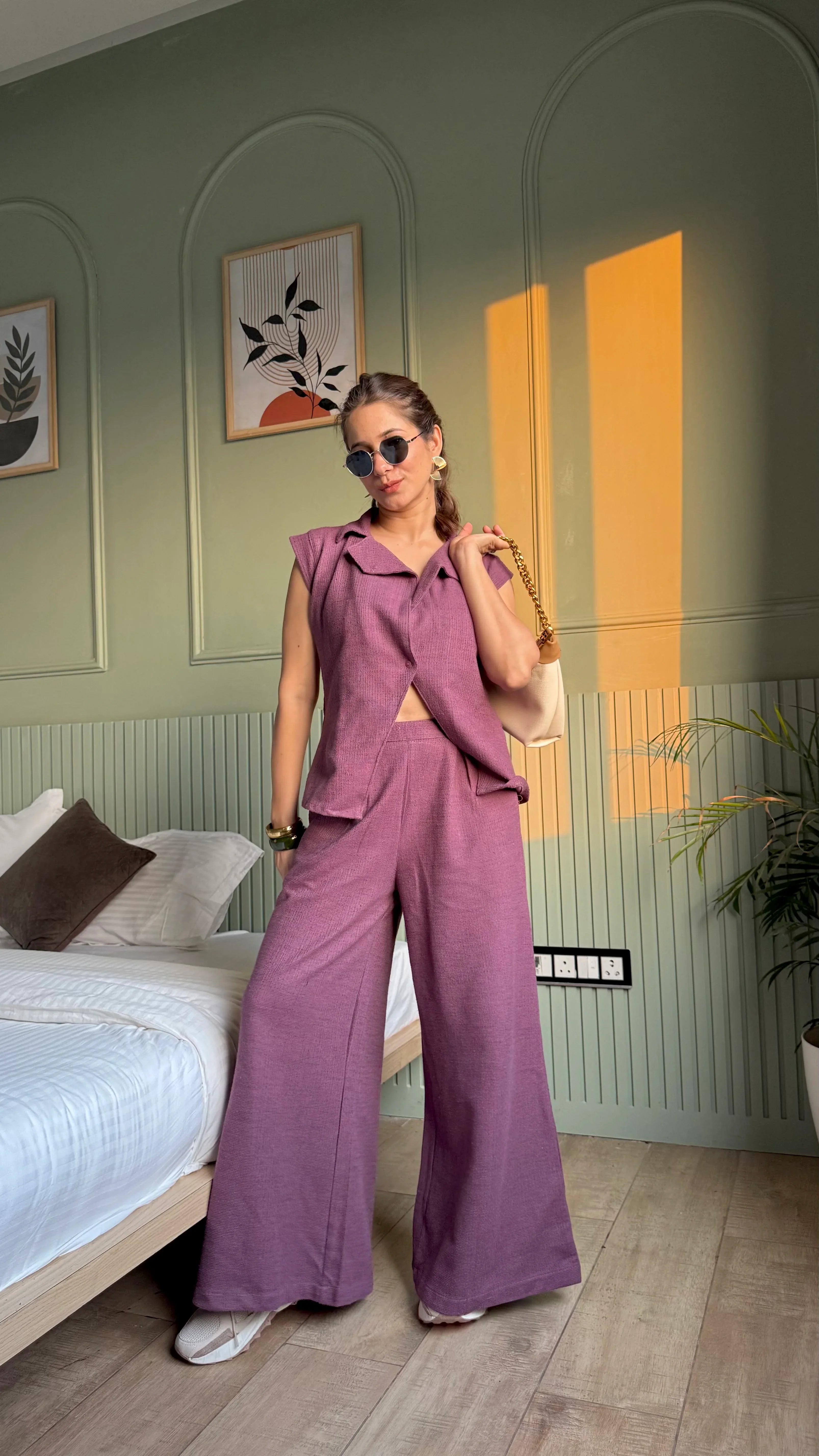 Magenta Shawl Neck Cotton Blend Solid Co-ords Set - SanskrutiHomes 