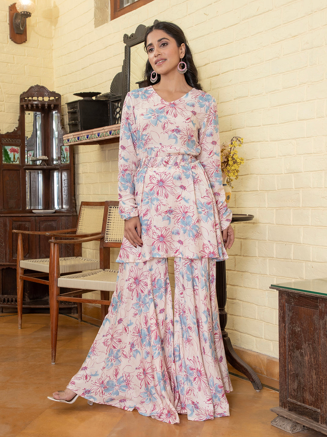Cream & Pink Printed V-Neck Kurta Sets For Women