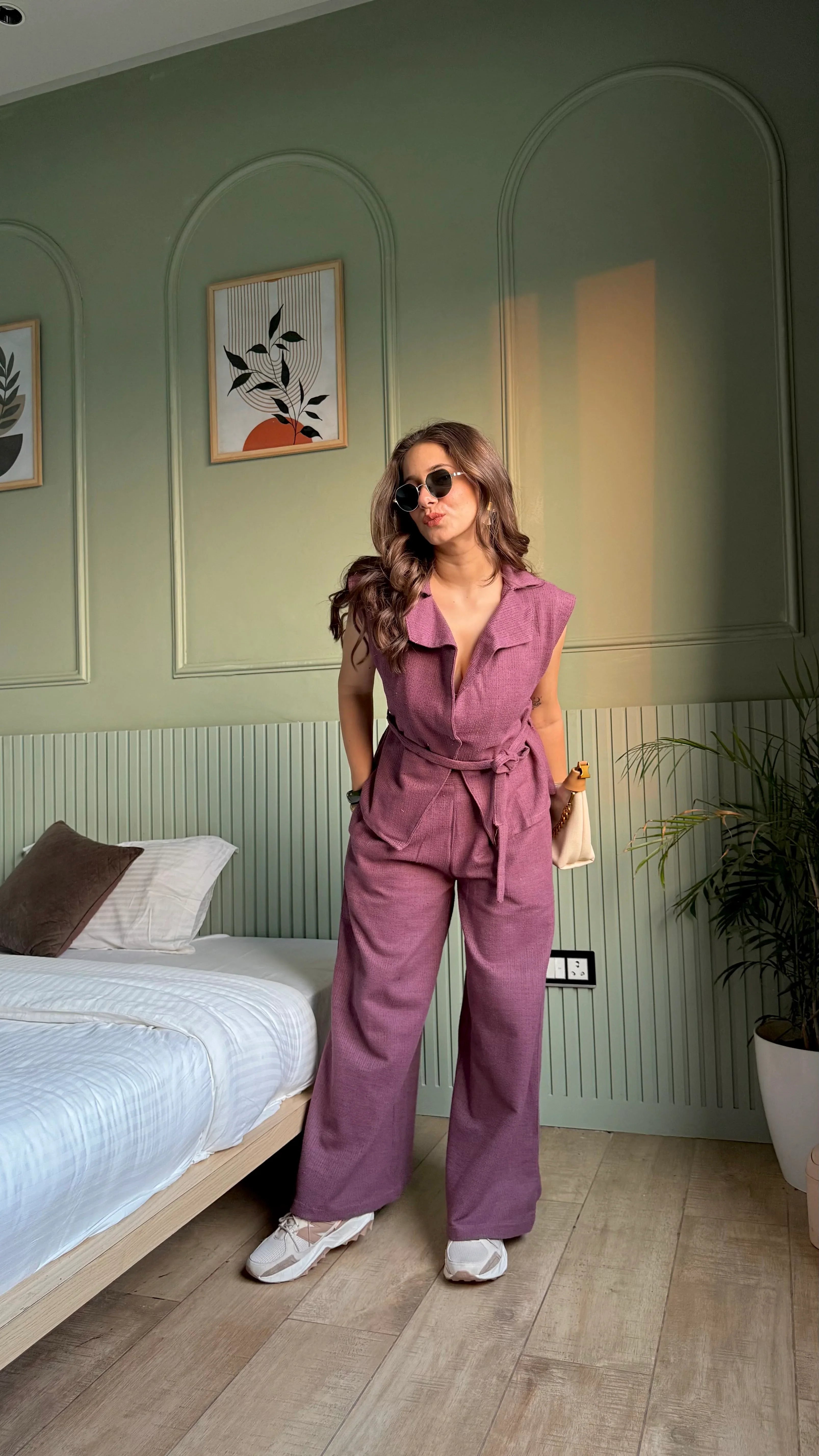 Magenta Shawl Neck Cotton Blend Solid Co-ords Set - SanskrutiHomes 