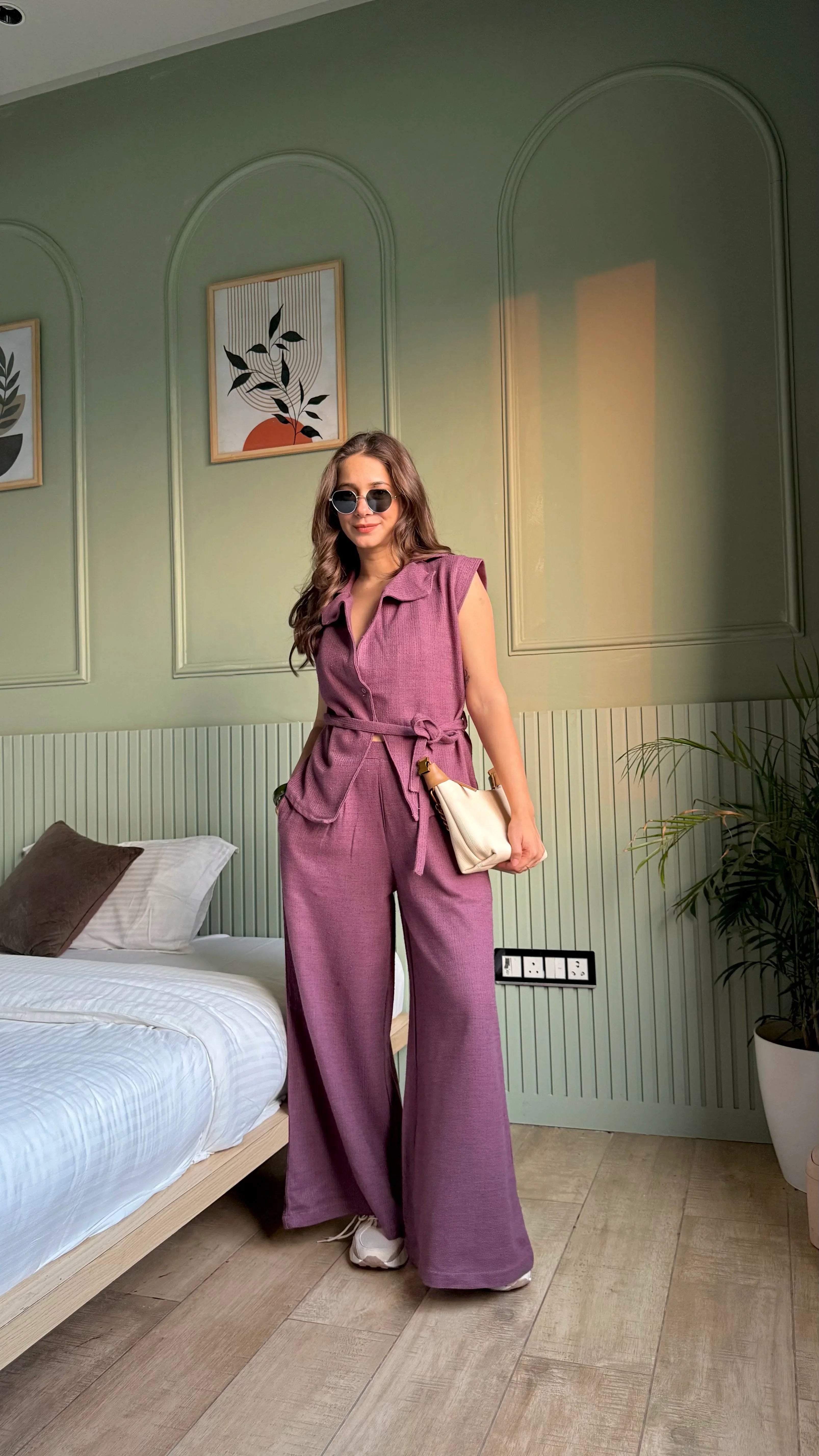 Magenta Shawl Neck Cotton Blend Solid Co-ords Set - SanskrutiHomes 