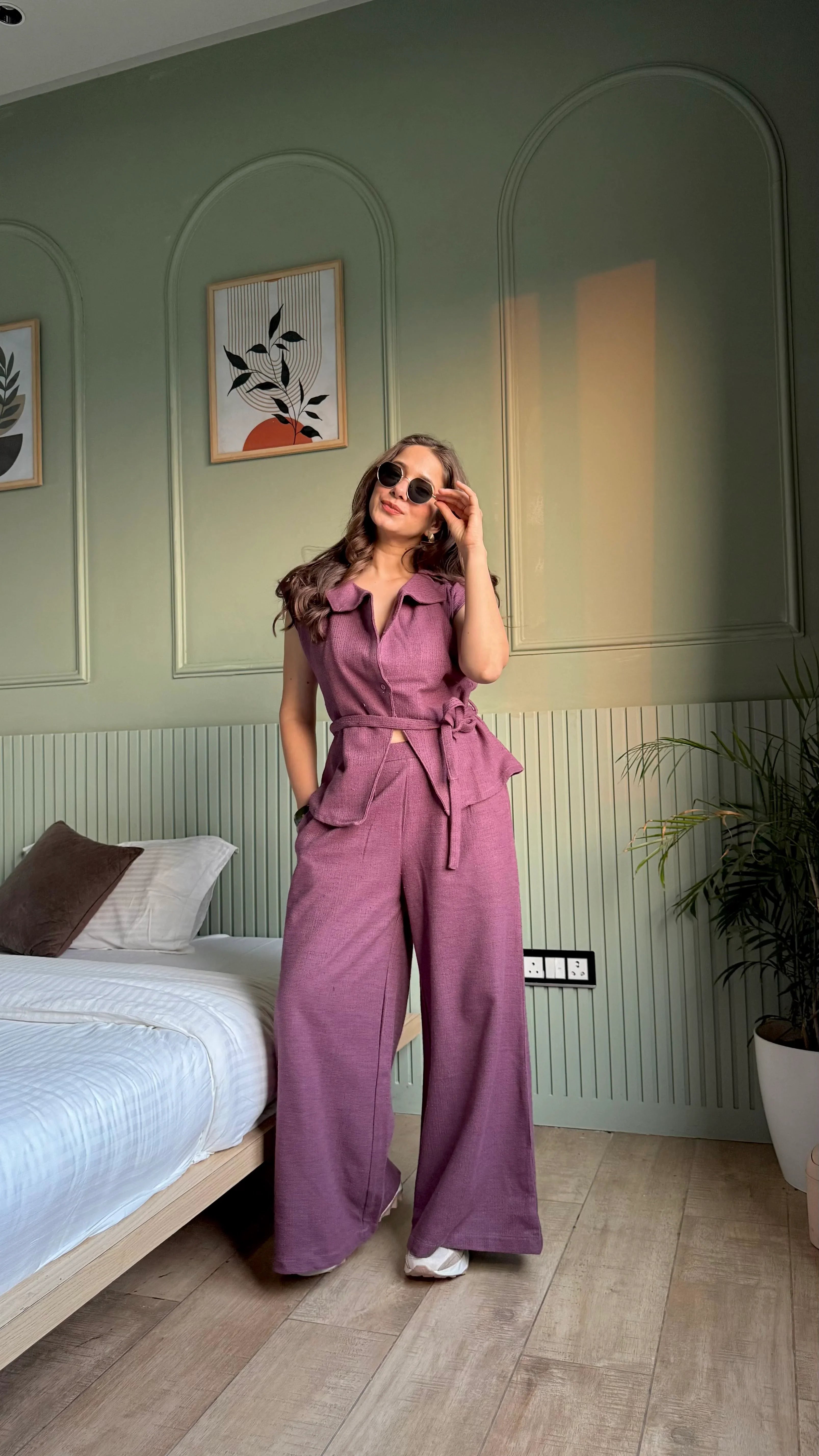 Magenta Shawl Neck Cotton Blend Solid Co-ords Set - SanskrutiHomes 