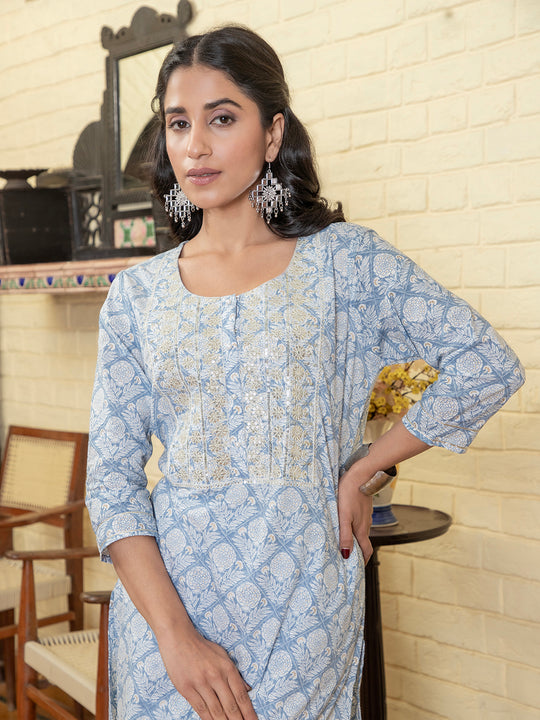 Blue Flower Printed Round Neck Cotton Kurta Set