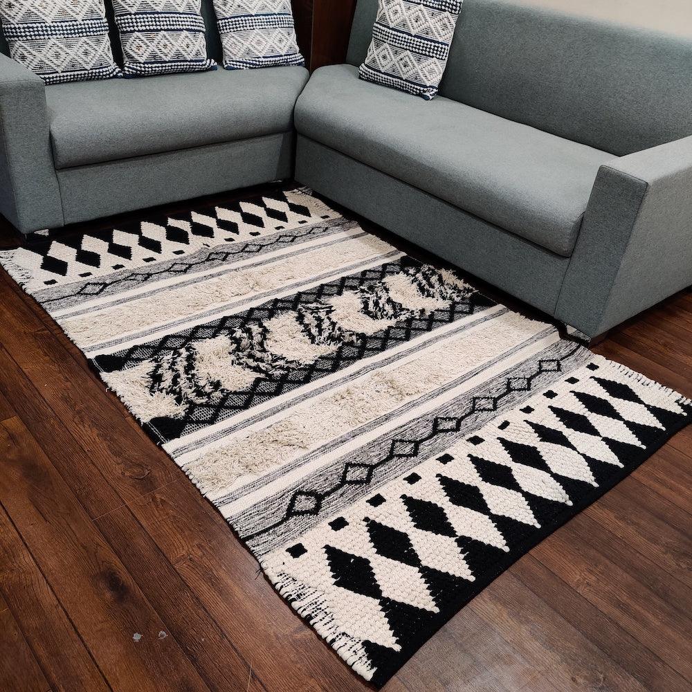 Beige Geometric Print Hand-Woven 100% Cotton Rug