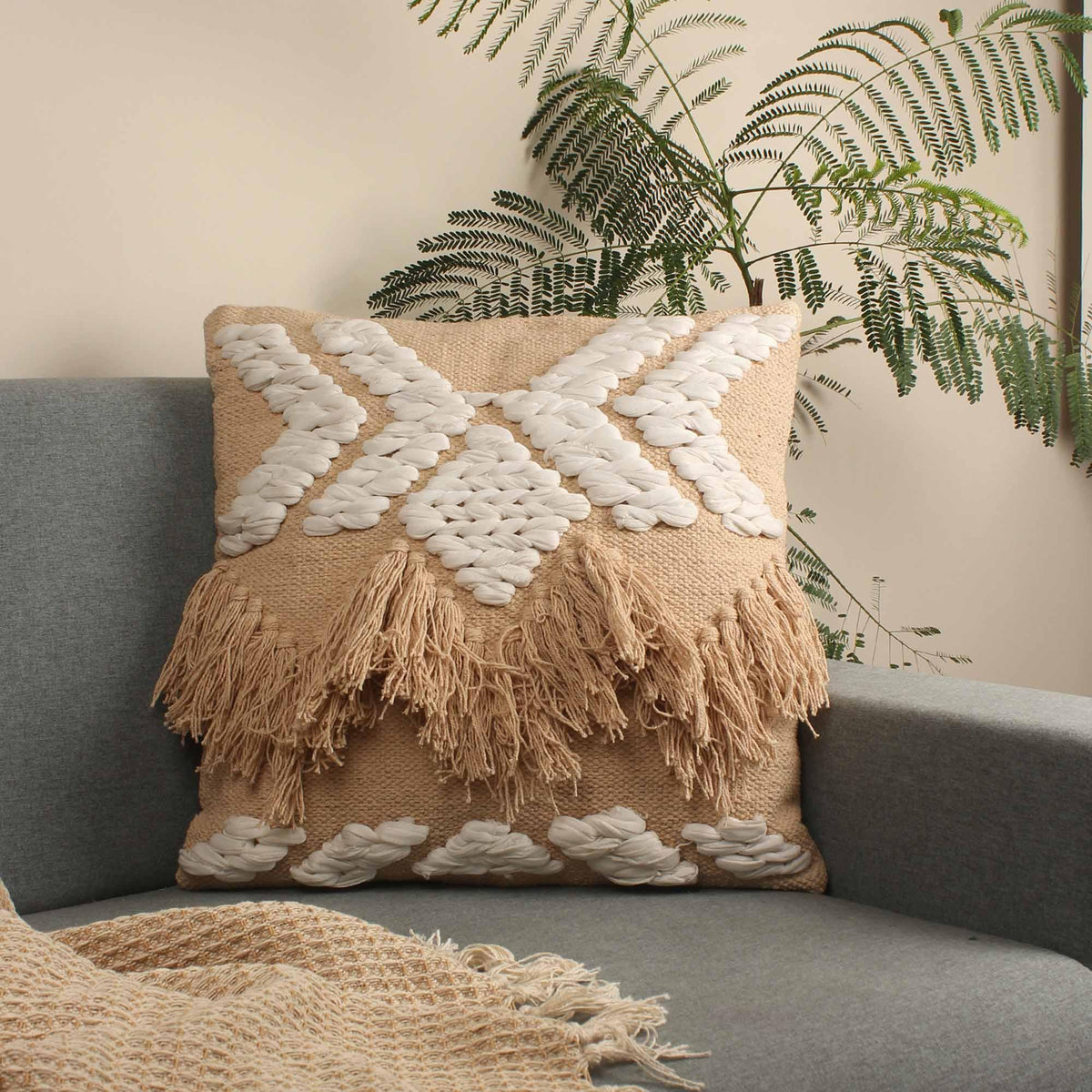 Hand-Made Cotton Beige Cushion Cover