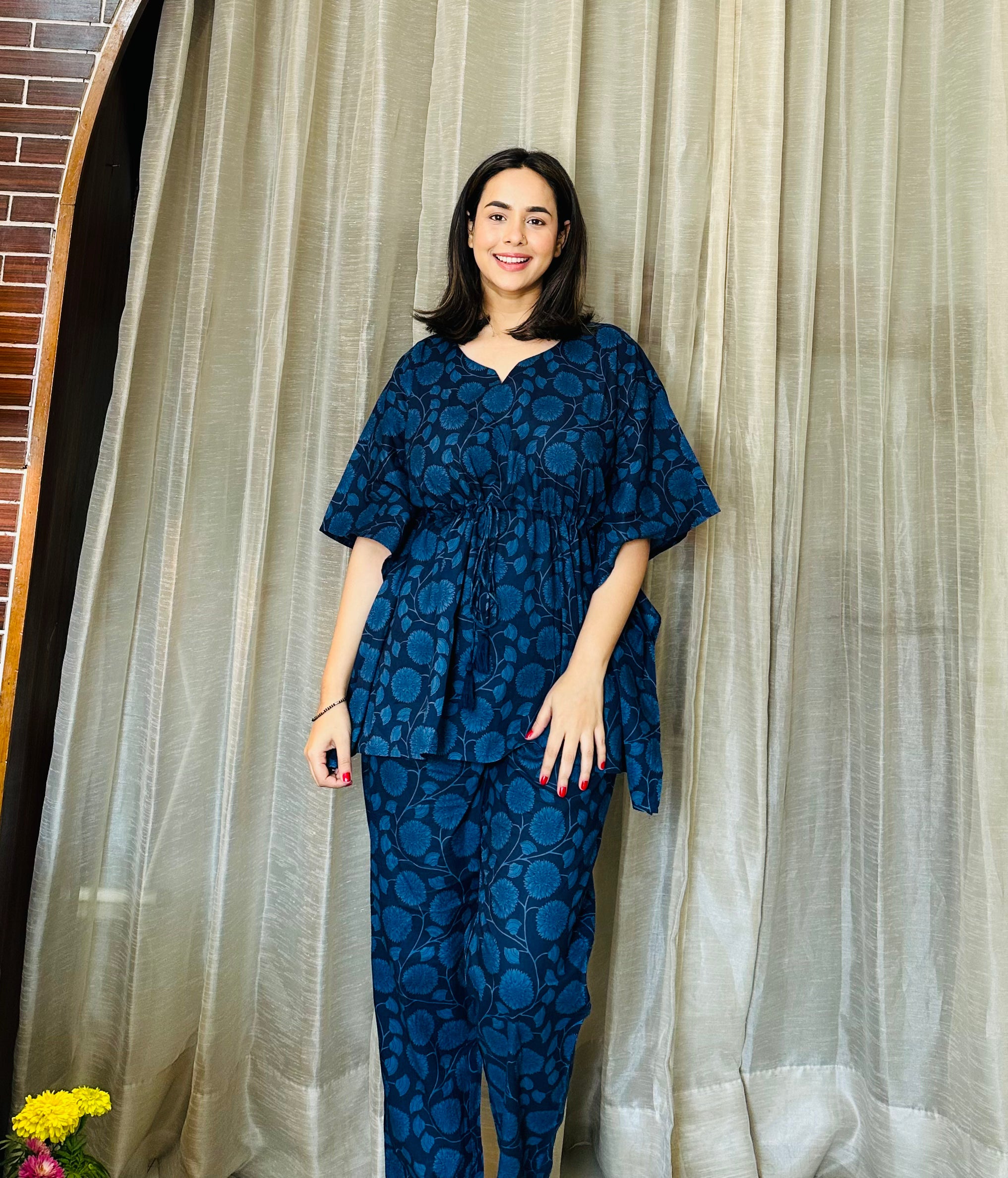 Women Navy Blue Floral Printed Cotton Kaftan With Pyjama Women Navy Blue Floral Printed Cotton Kaftan With Pyjama