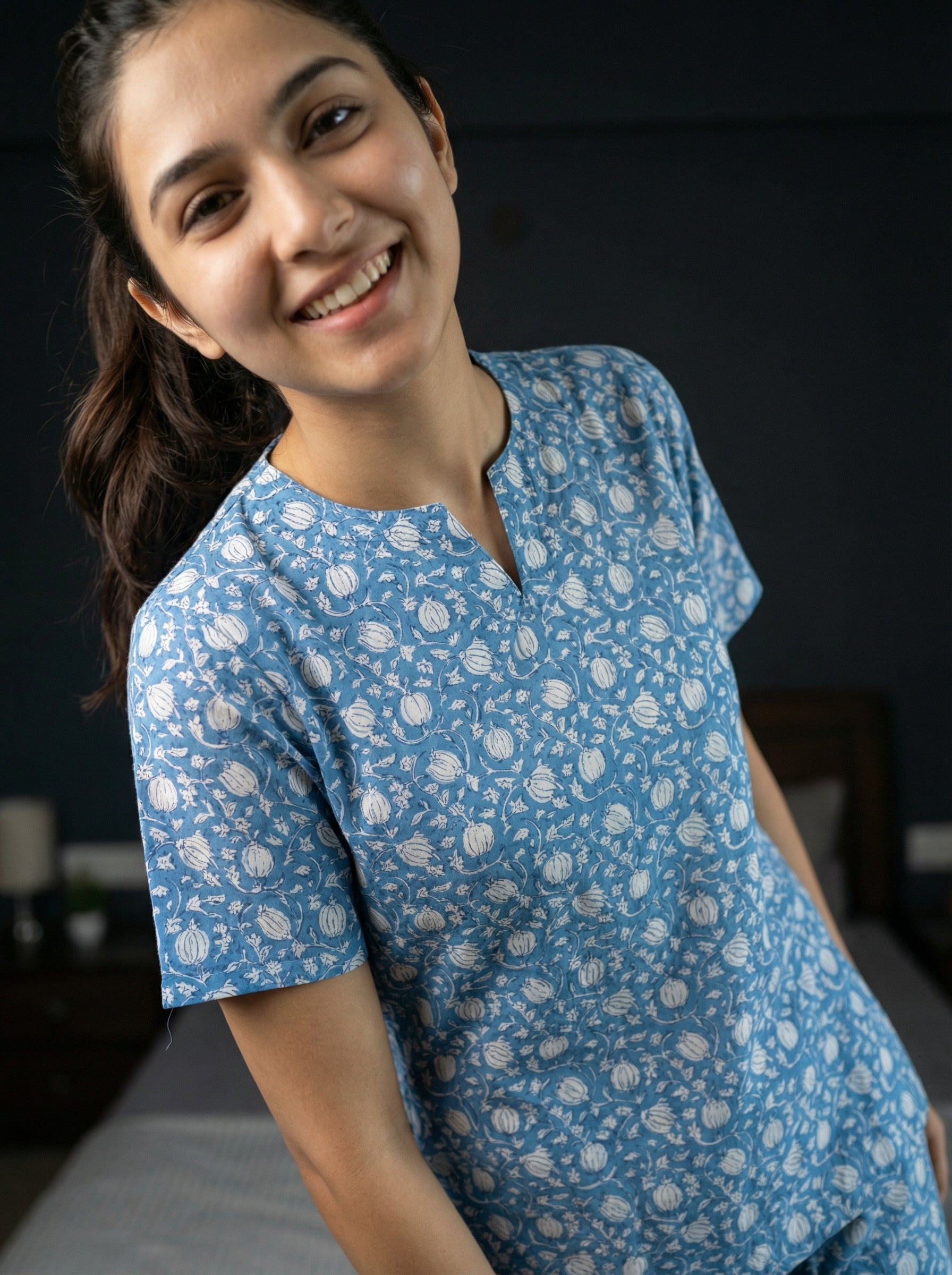 Blue Floral Print Round Neck Cotton Night Suit Set for Women