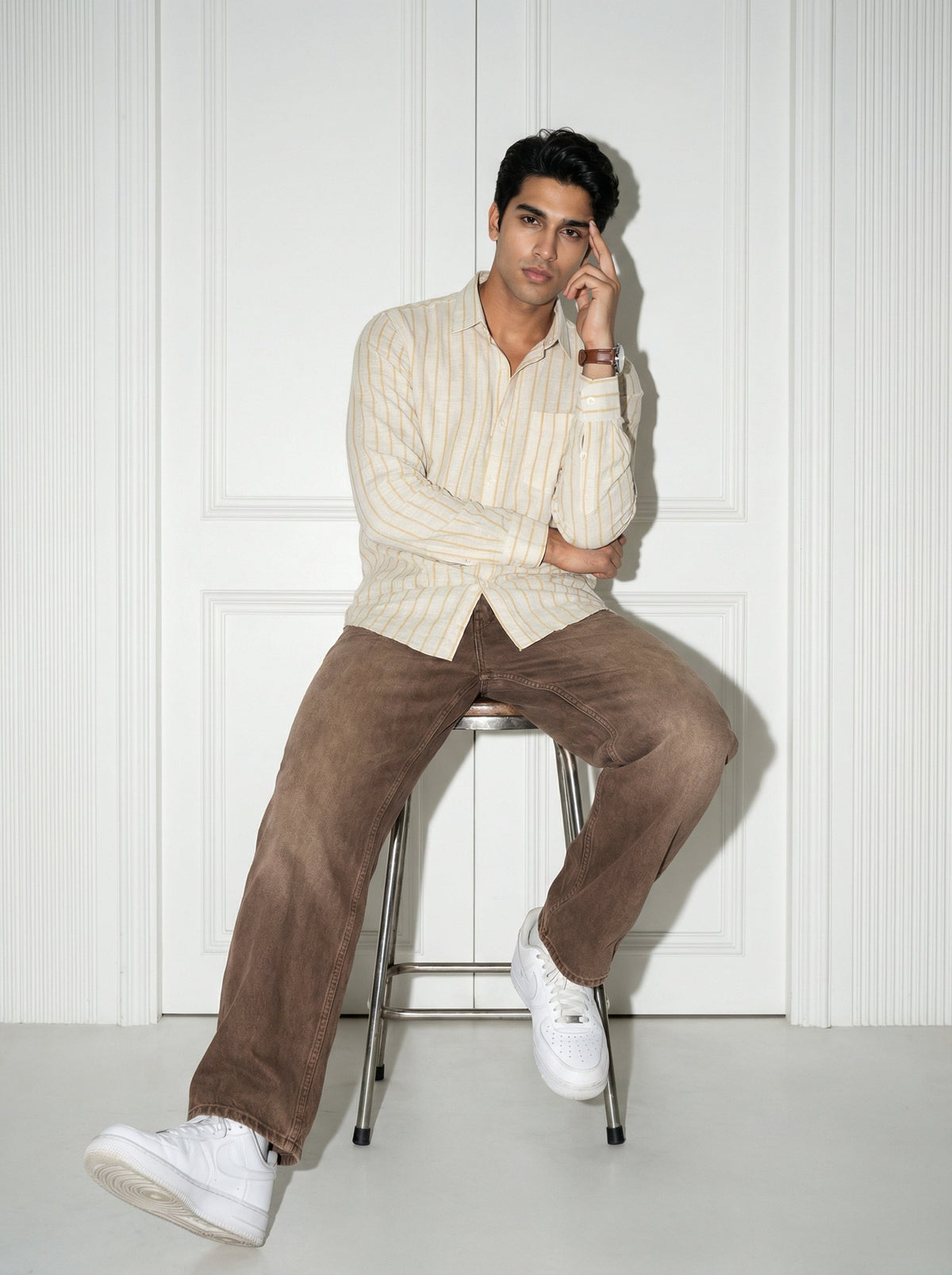 Yellow Striped Band Collar Handloom Cotton Shirt For Men