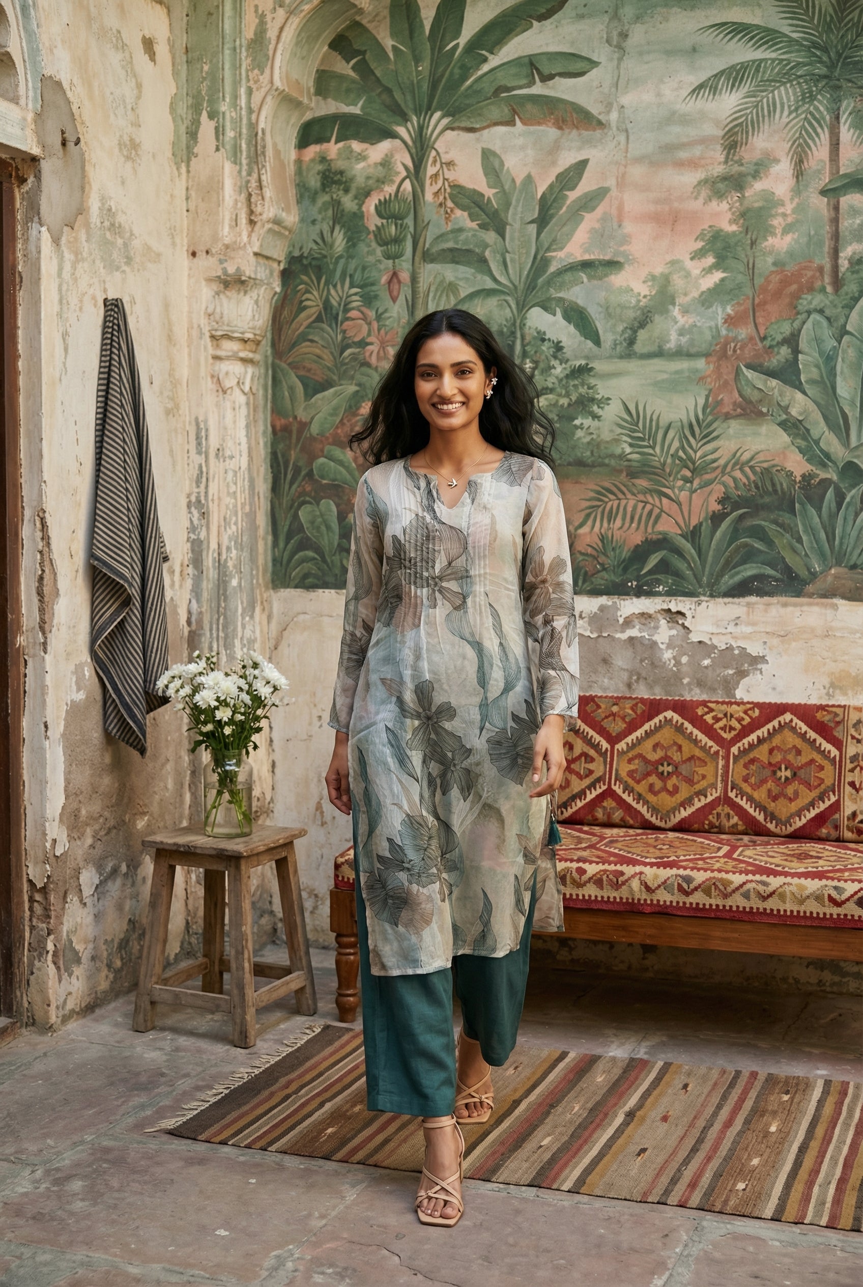 Green Floral Print Round Neck Kurta With Palazzo Set For Women