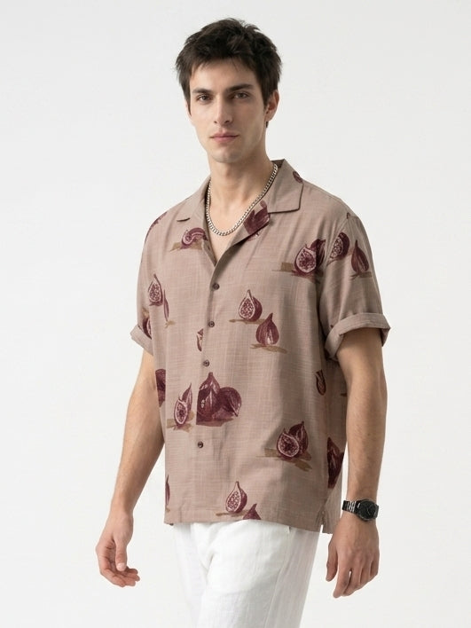 Mauve Conversational Print Cotton Cuban Collar Oversized Shirt For Men
