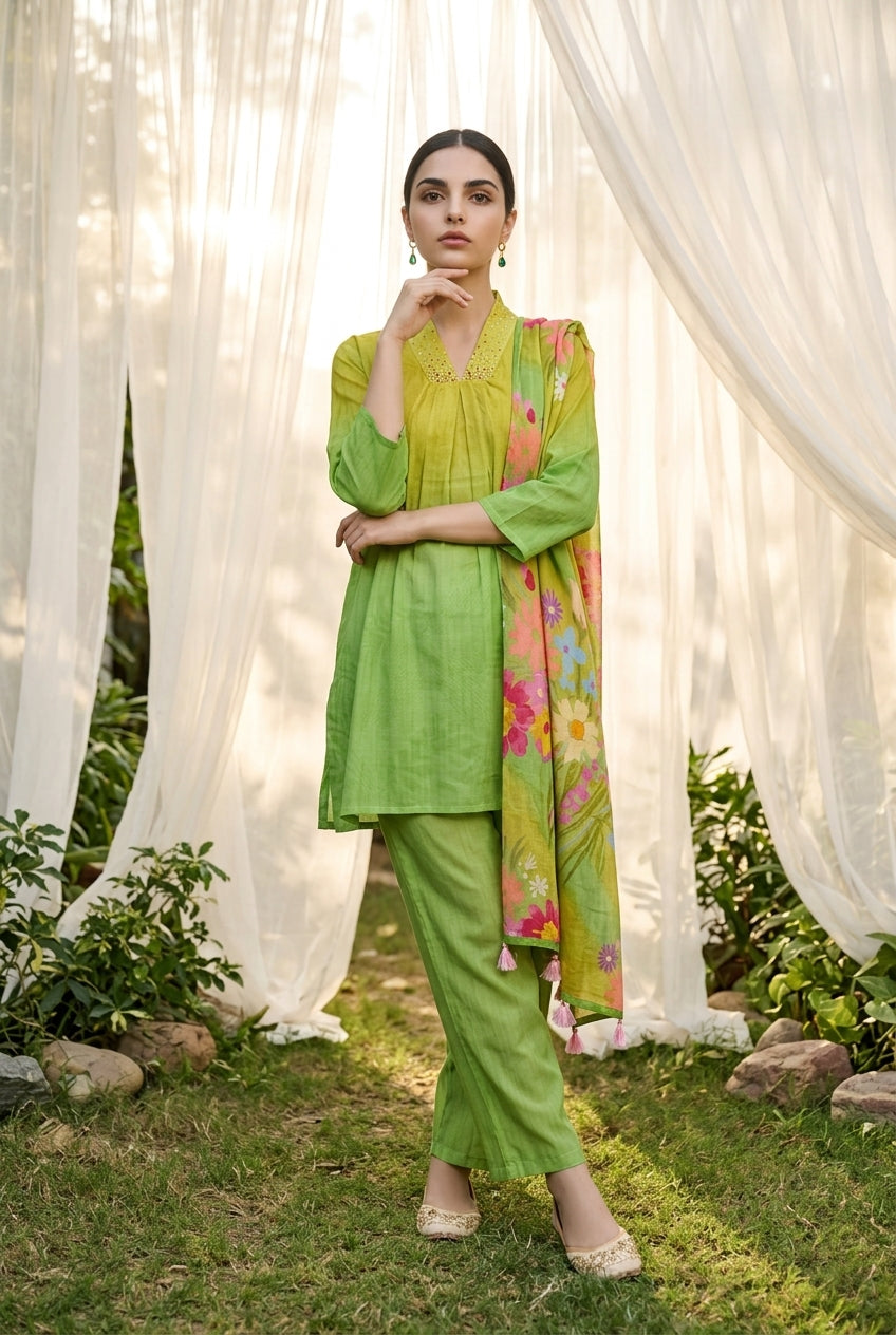 Green V-Neck Solid Print With Floral Dupatta Co-Ord Set For Women