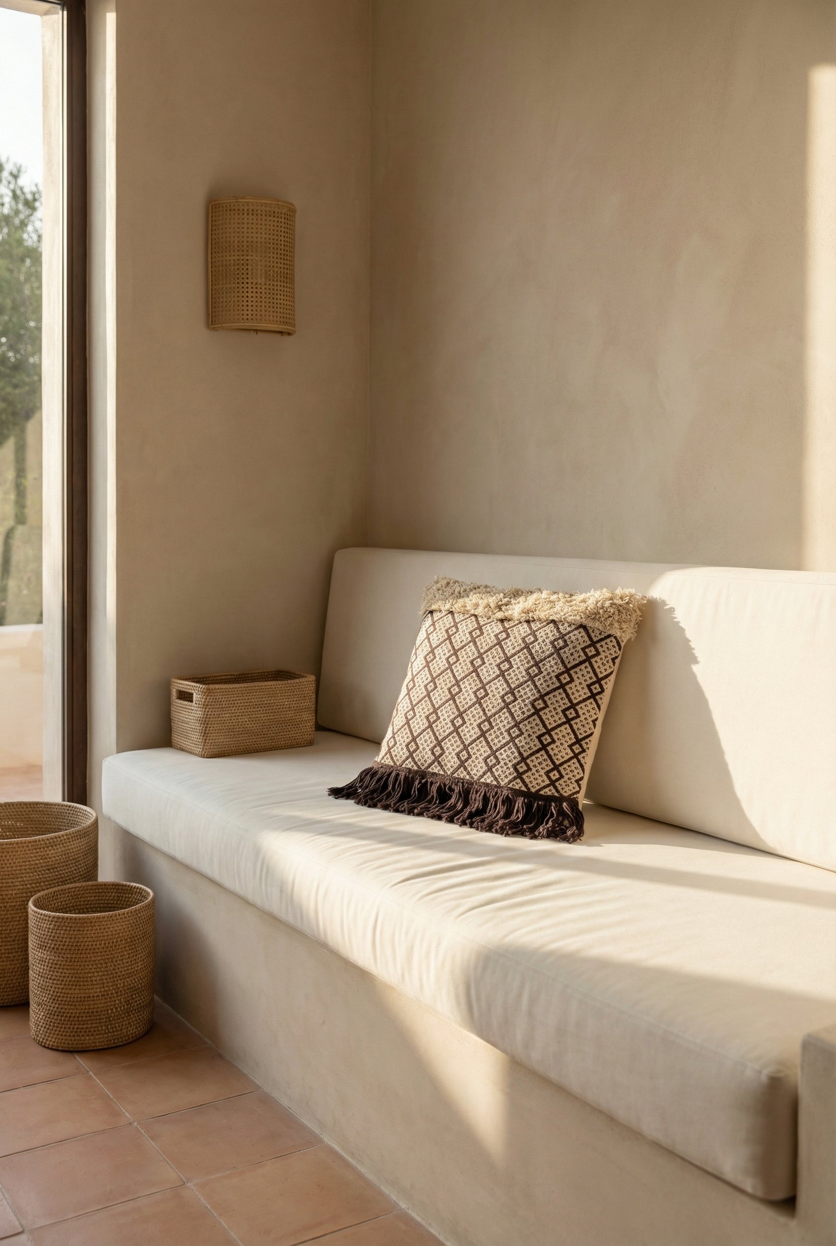 Brown Geometric Squared Cotton Cushion Cover With Tassel Detailing