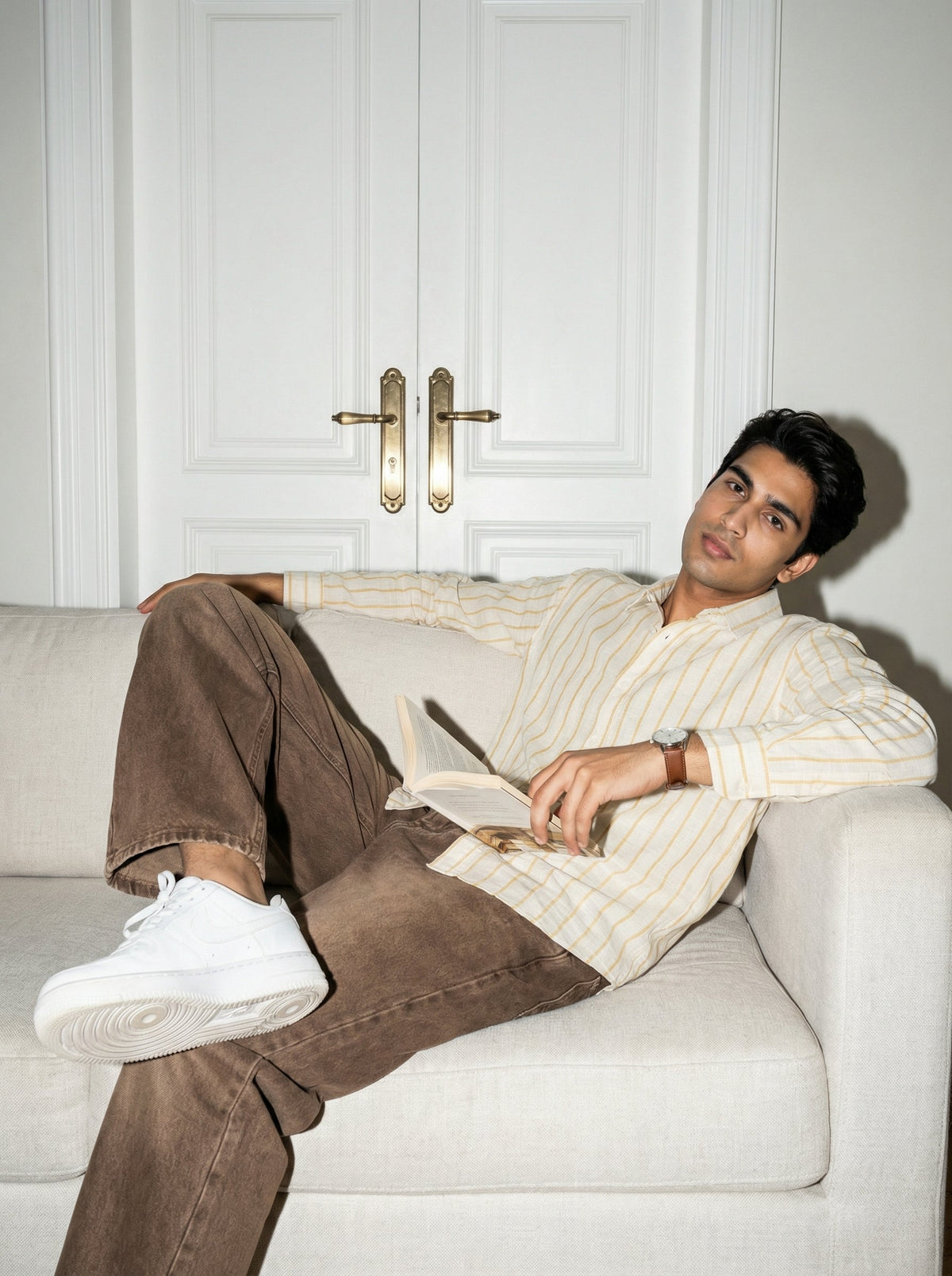 Yellow Striped Band Collar Handloom Cotton Shirt For Men