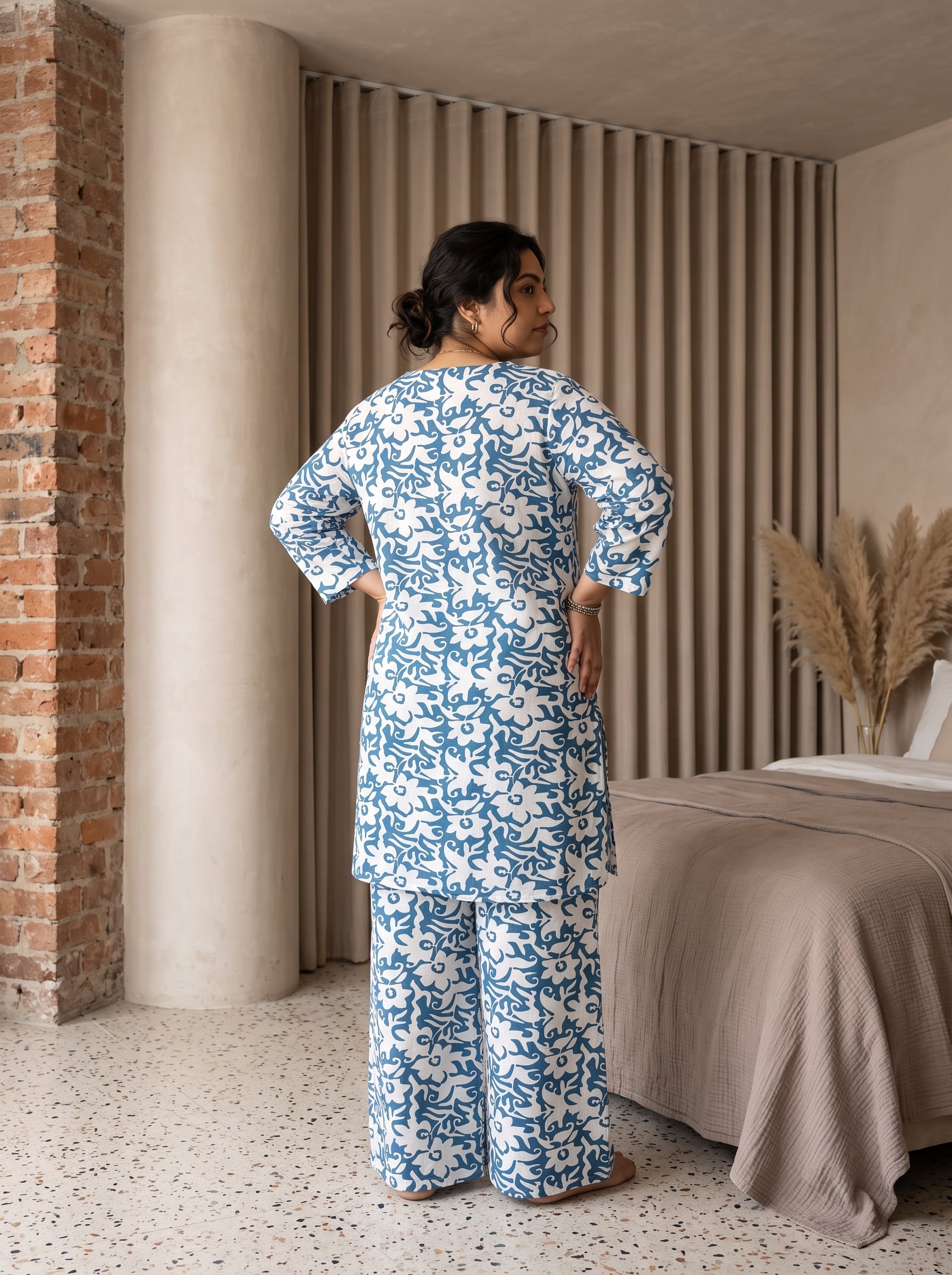 Blue Floral Notch Neck Cotton Plus Size Night Suit For Women