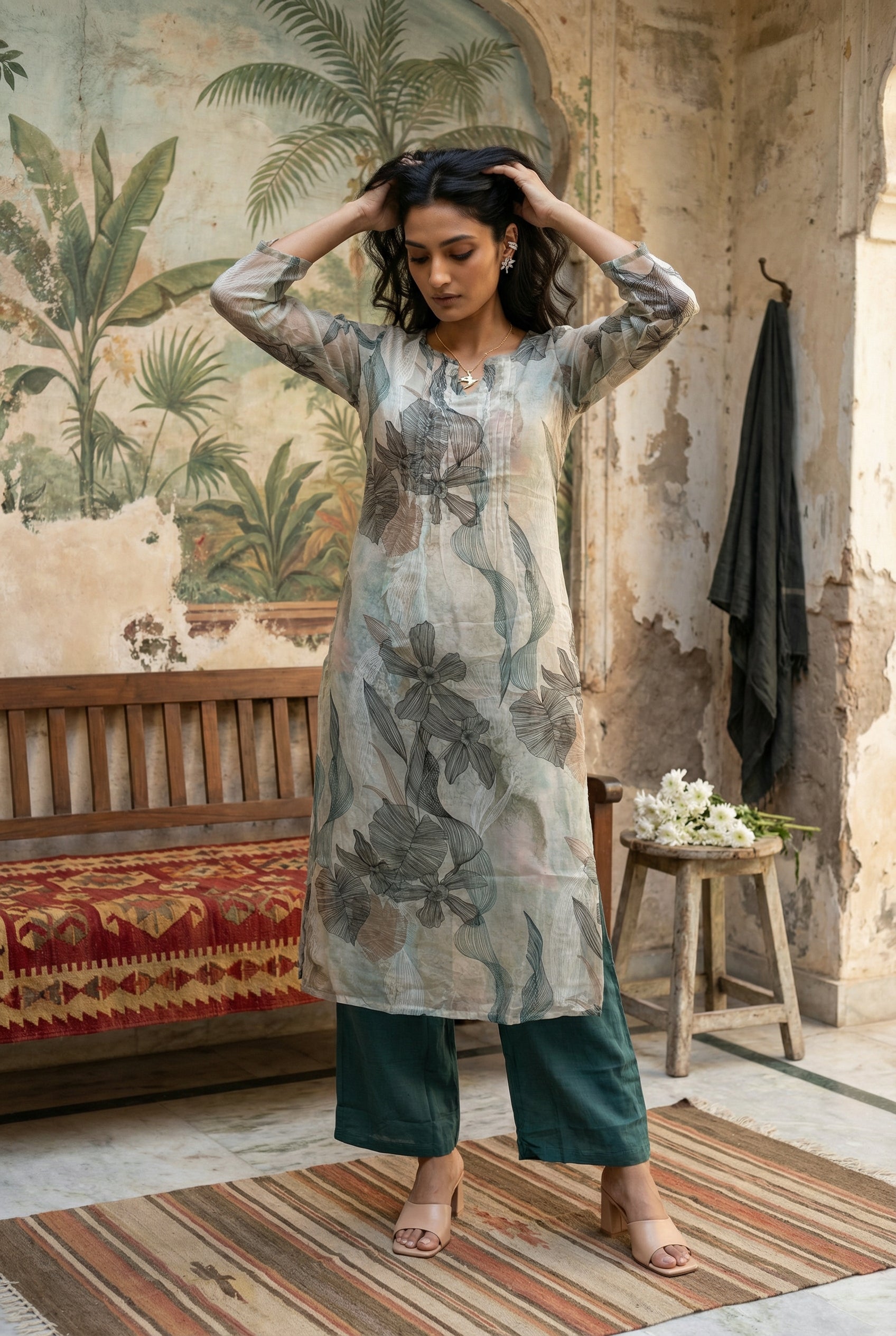 Green Floral Print Round Neck Kurta With Palazzo Set For Women