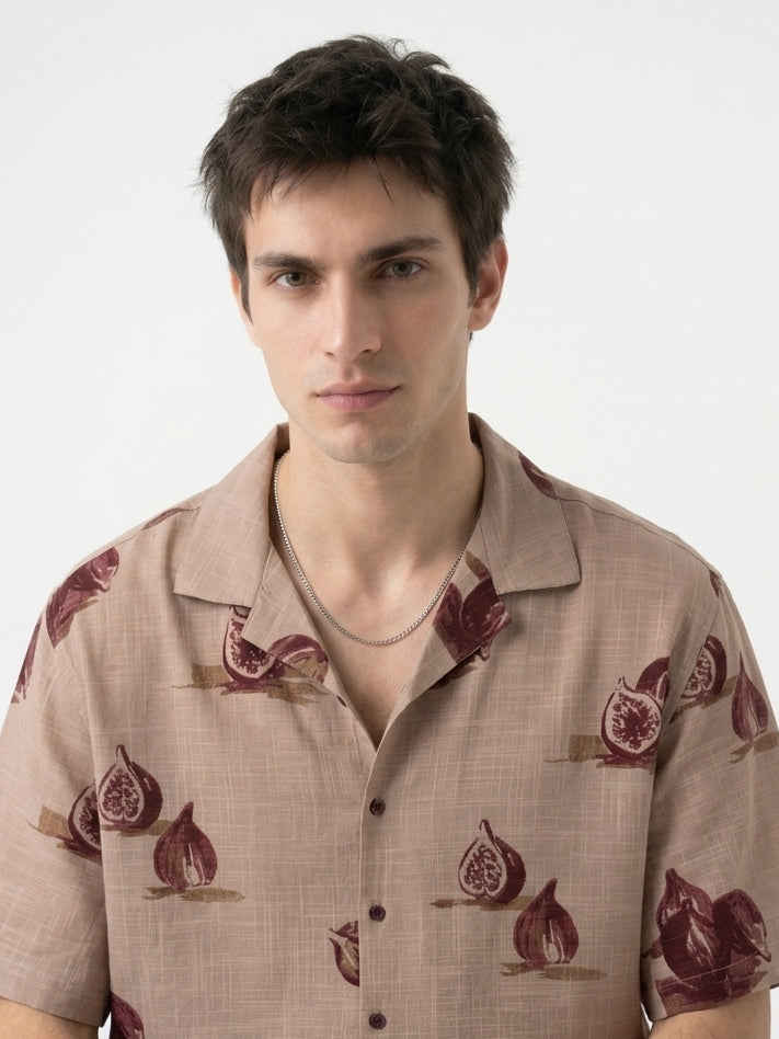 Mauve Conversational Print Cotton Cuban Collar Oversized Shirt For Men