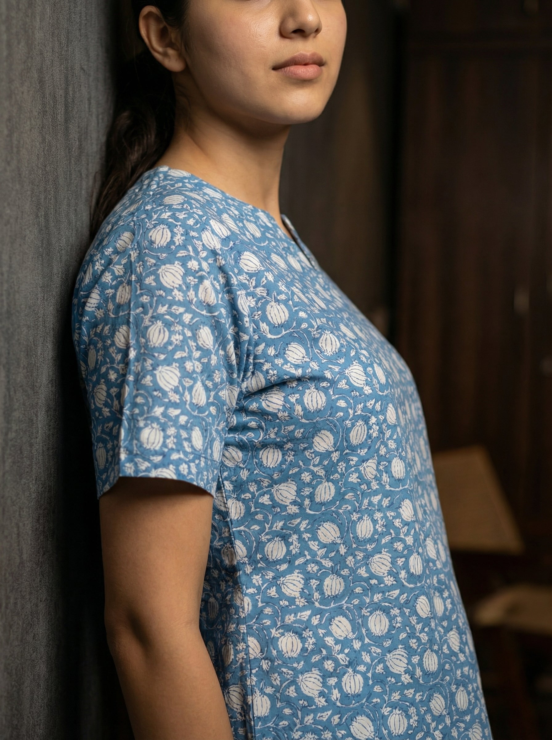 Blue Floral Print Round Neck Cotton Night Suit Set for Women