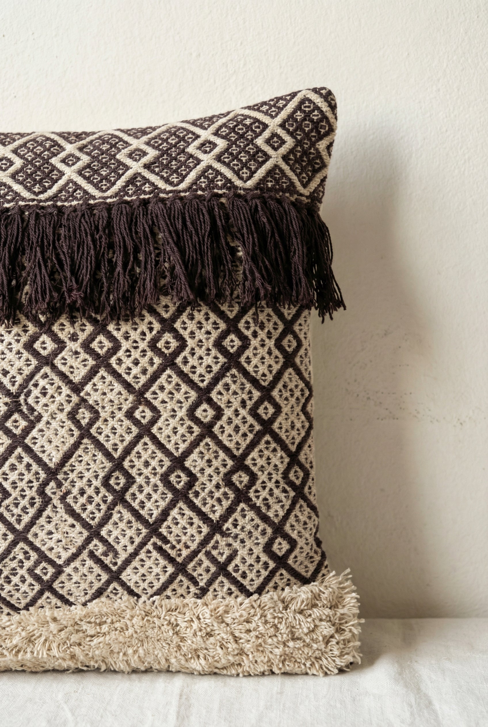 Brown Geometric Squared Cotton Cushion Cover With Tassel Detailing