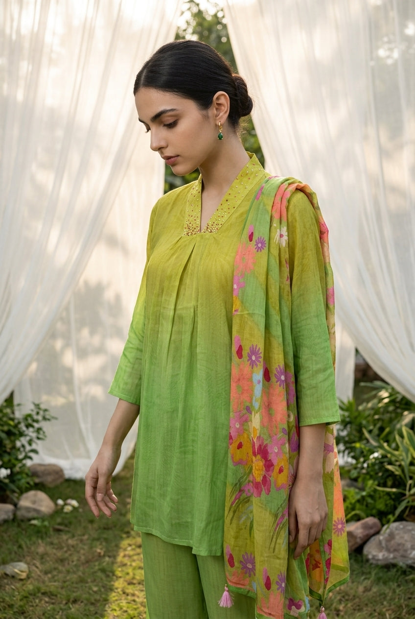 Green V-Neck Solid Print With Floral Dupatta Co-Ord Set For Women
