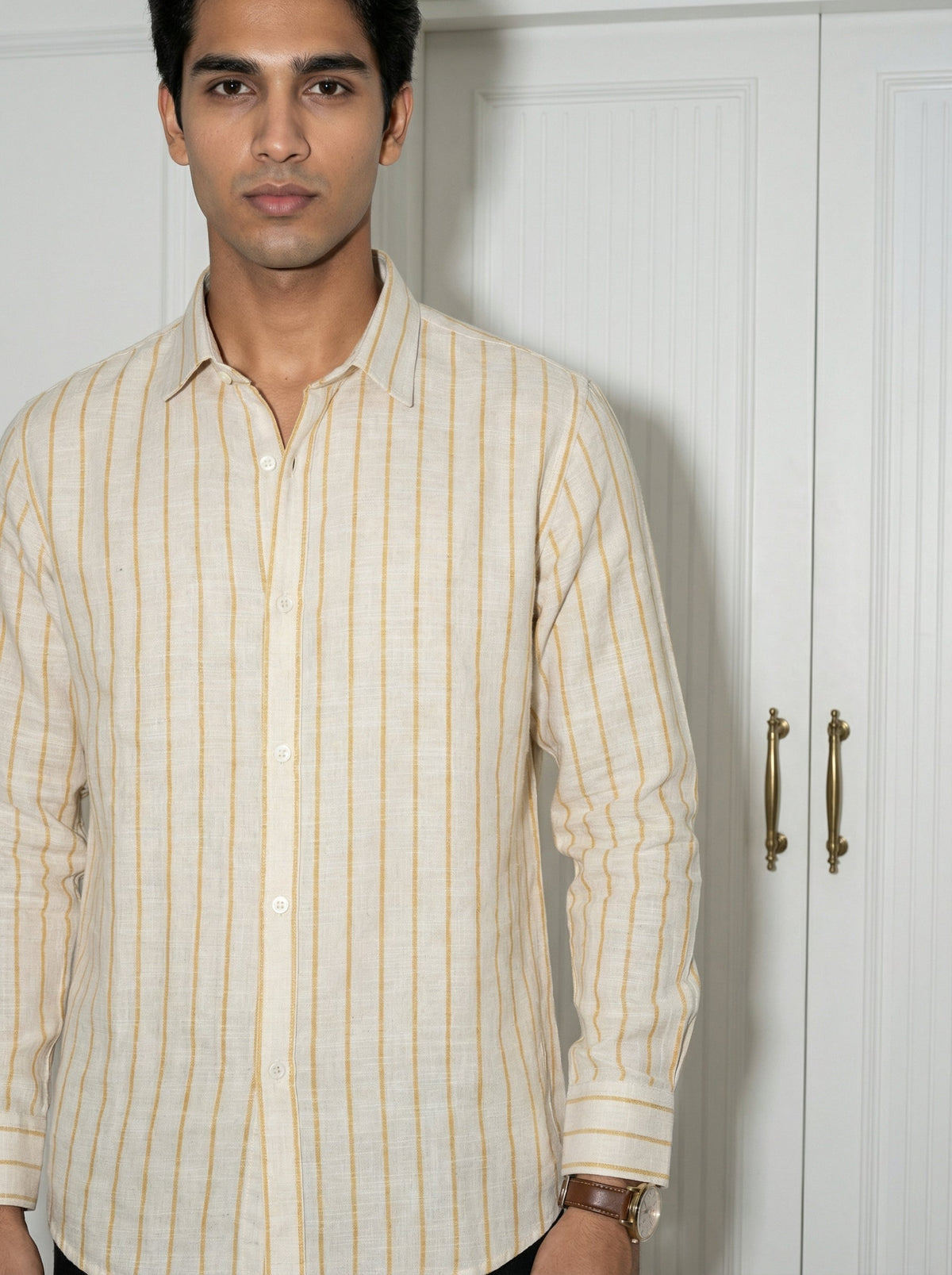 Yellow Striped Band Collar Handloom Cotton Shirt For Men